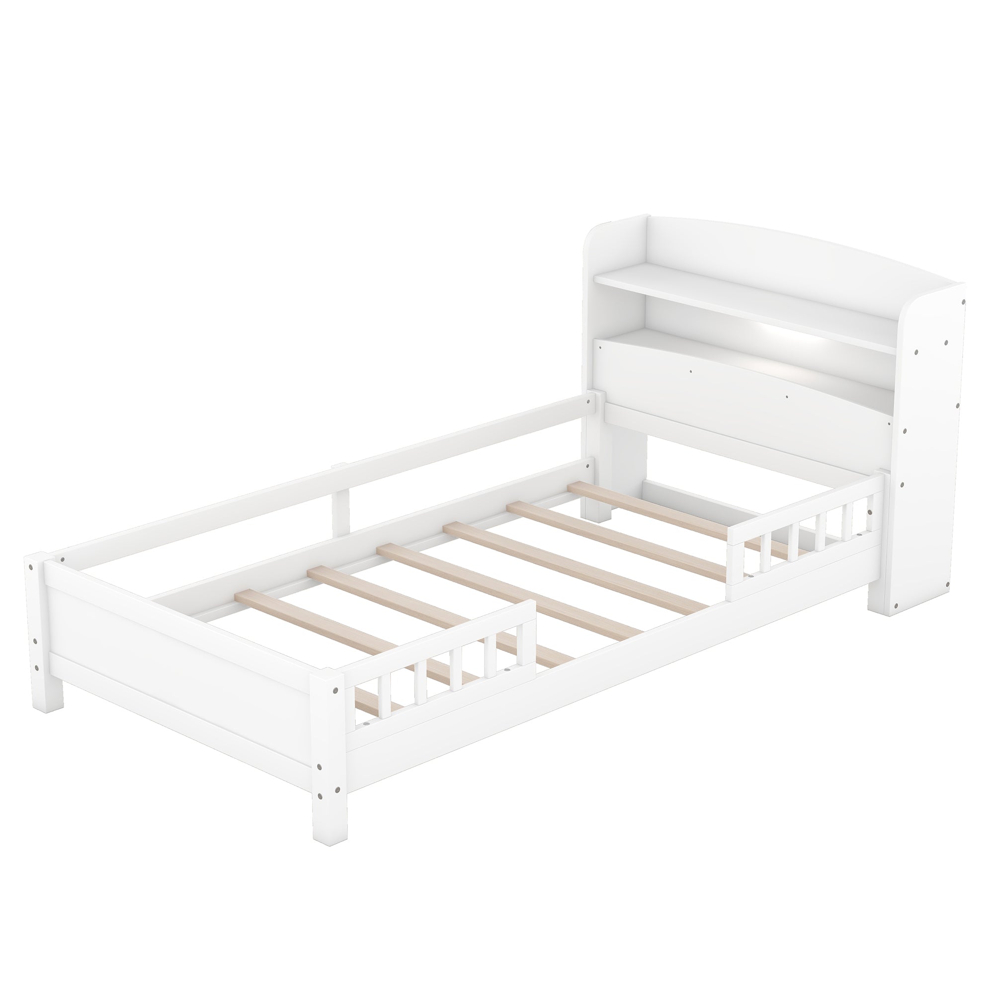 HAOYYE Wood Twin Size Platform Bed with Built-in LED Light, Storage Headboard and Guardrail, White Sturdy Space-Saving Heavy Duty Modern Design Adults Dorm Room Easy Assembly Bedroom Furniture