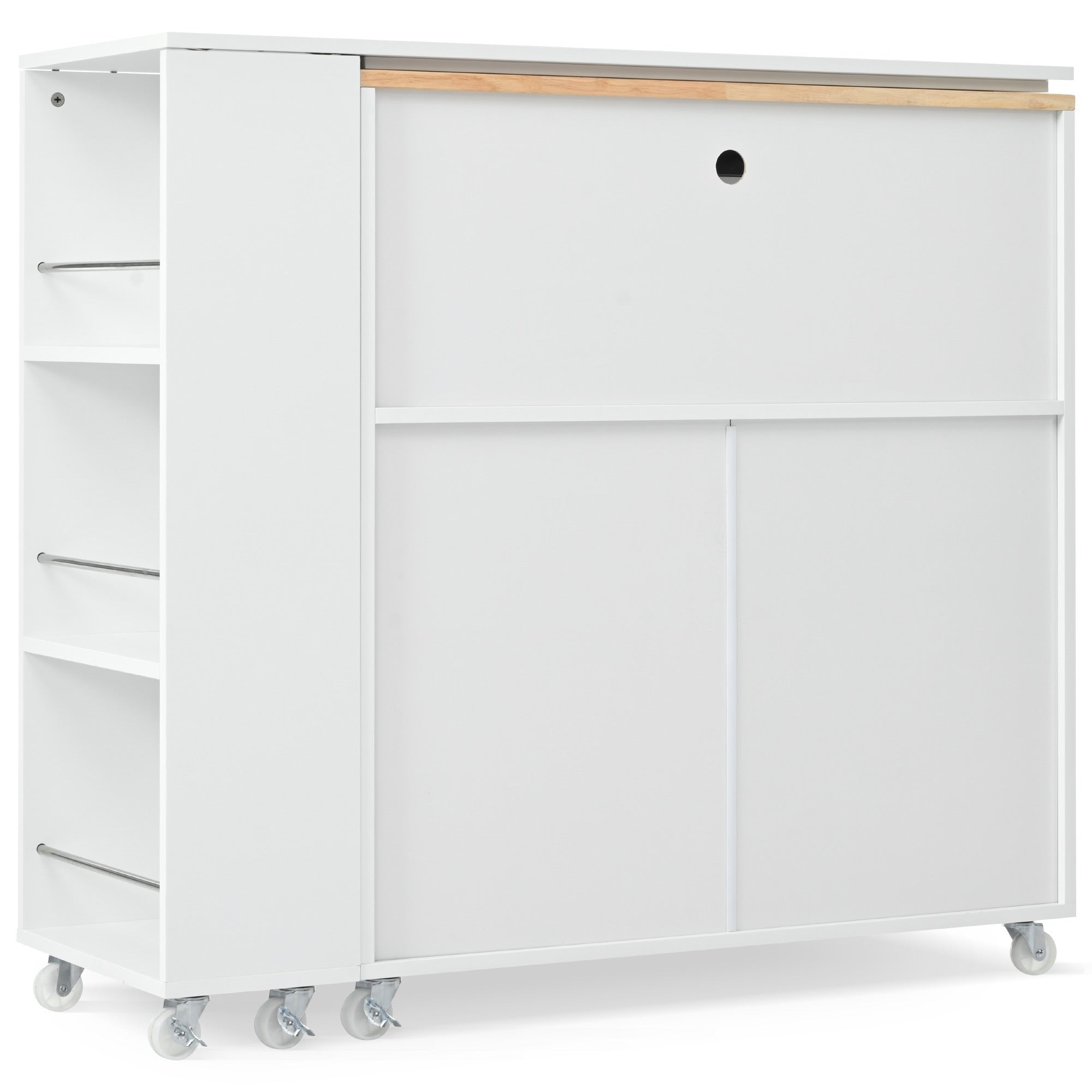 HAOYYE K&K Rolling Kitchen Island With Extended Table, Kitchen island on Wheels with LED Lights,Power Outlets and 2 Fluted Glass Doors, Kitchen Island with a Storage Compartment and Side 3 Open Shelves,White