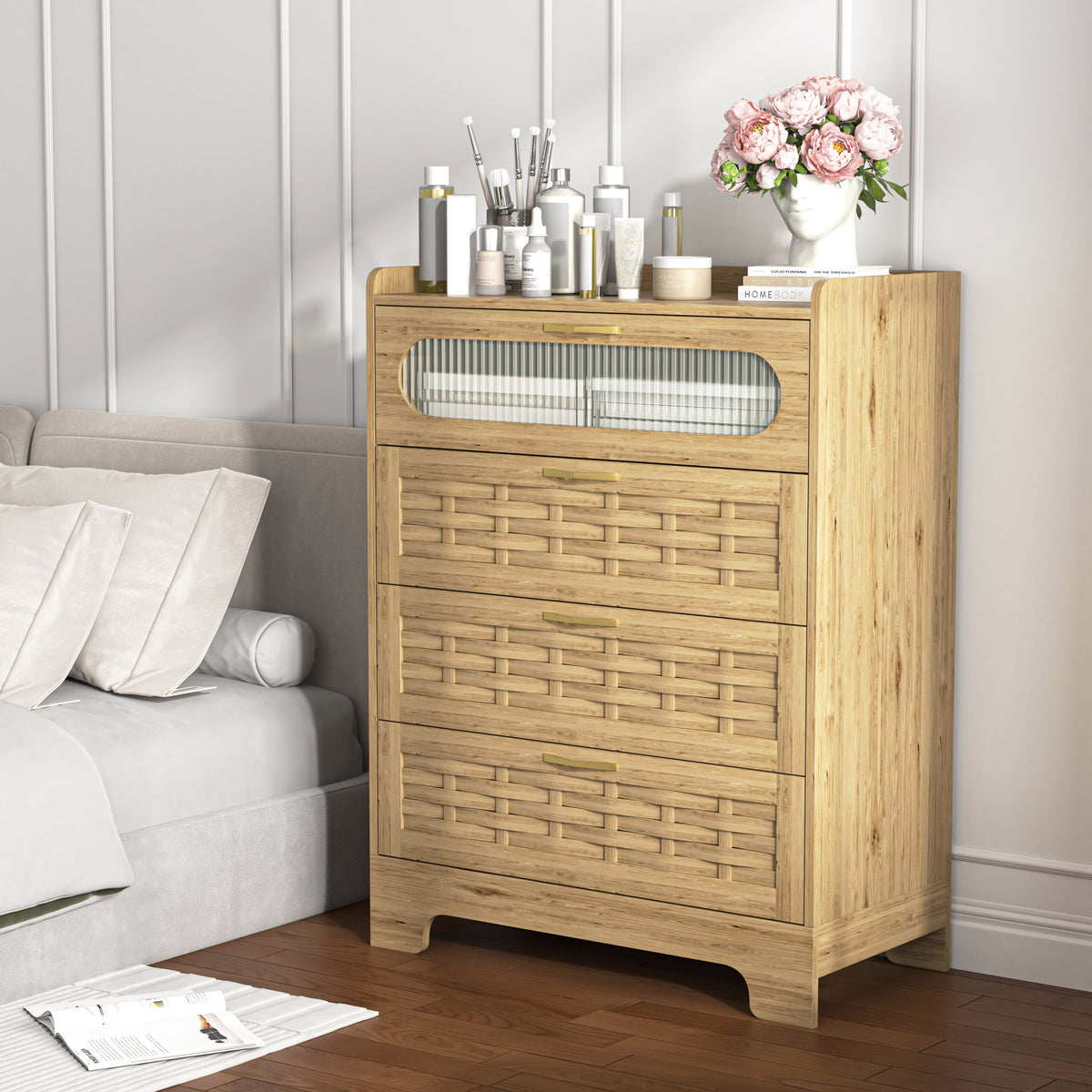HAOYYE 4-Drawer Wood Dresser, Large Modern Storage Organizer With Wide Drawers, Double Chest Of Drawers For Bedroom, Living Room, Or Hallway, Sturdy And Space-Saving Design