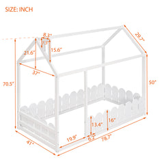 HAOYYE Twin Size Wood Bed House Bed Frame with Fence,for ,Teens, Girls,Boys {White}{OLD SKU:WF194274AAK} Sturdy Space-Saving Heavy Duty Modern Design Adults Dorm Room