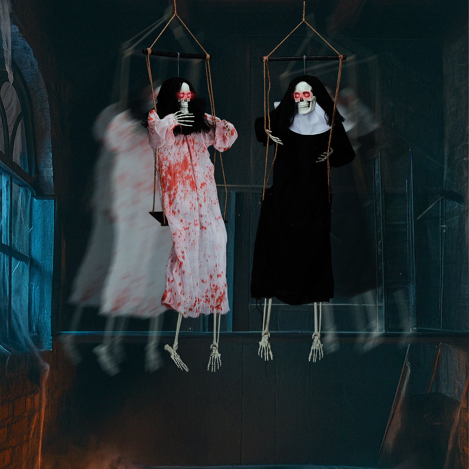 HAOYYE Black Outdoor Halloween Decorations Hanging Ghosts with Light Up Eyes and Screaming Sound, 2 Pack Grim Reaper Halloween Props for Yard Patio Garden Porch, Battery Powered Spooky Halloween Decor