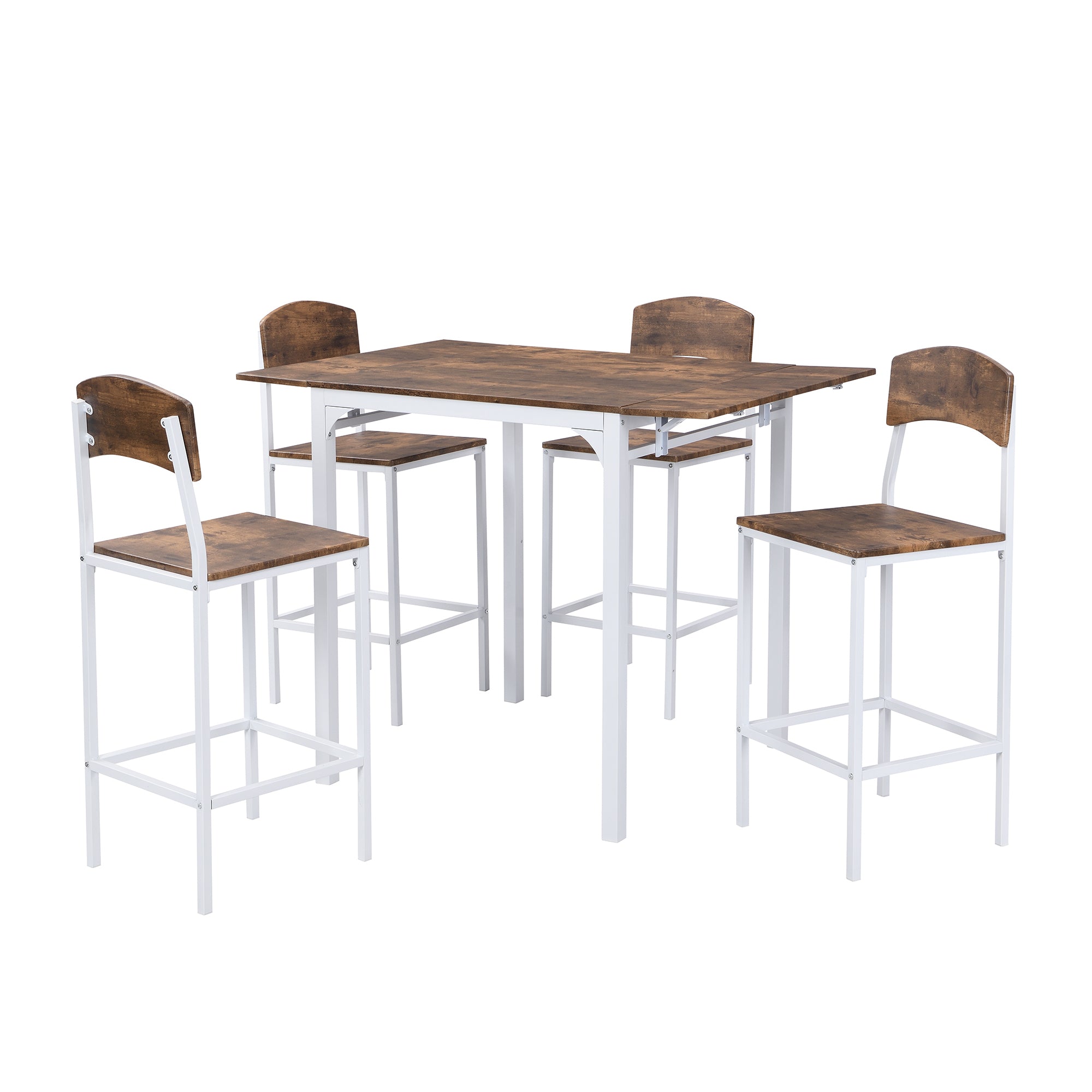 HAOYYE Farmhouse 5-Piece Counter Height Dining Table Set with 4 Chairs, White Frame & Rustic Brown Tabletop, Drop Leaf, Space-Saving Design, Sturdy & Heavy Duty, Ideal for Dining Room, Kitchen, Apartment, Dorm Room, Modern & Functional