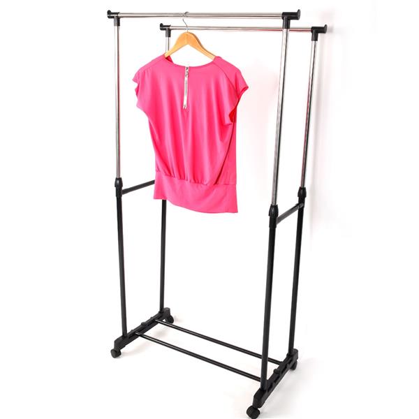 HAOYYE Dual-Bar Adjustable Clothes Rack with Shoe Shelf, Black & Silver, Durable Space-Saving Organizer for Closet and Bedroom, Vertical & Horizontal Stretching Design, Premium Quality, Stylish Modern Look, Versatile Use, Sturdy Construction