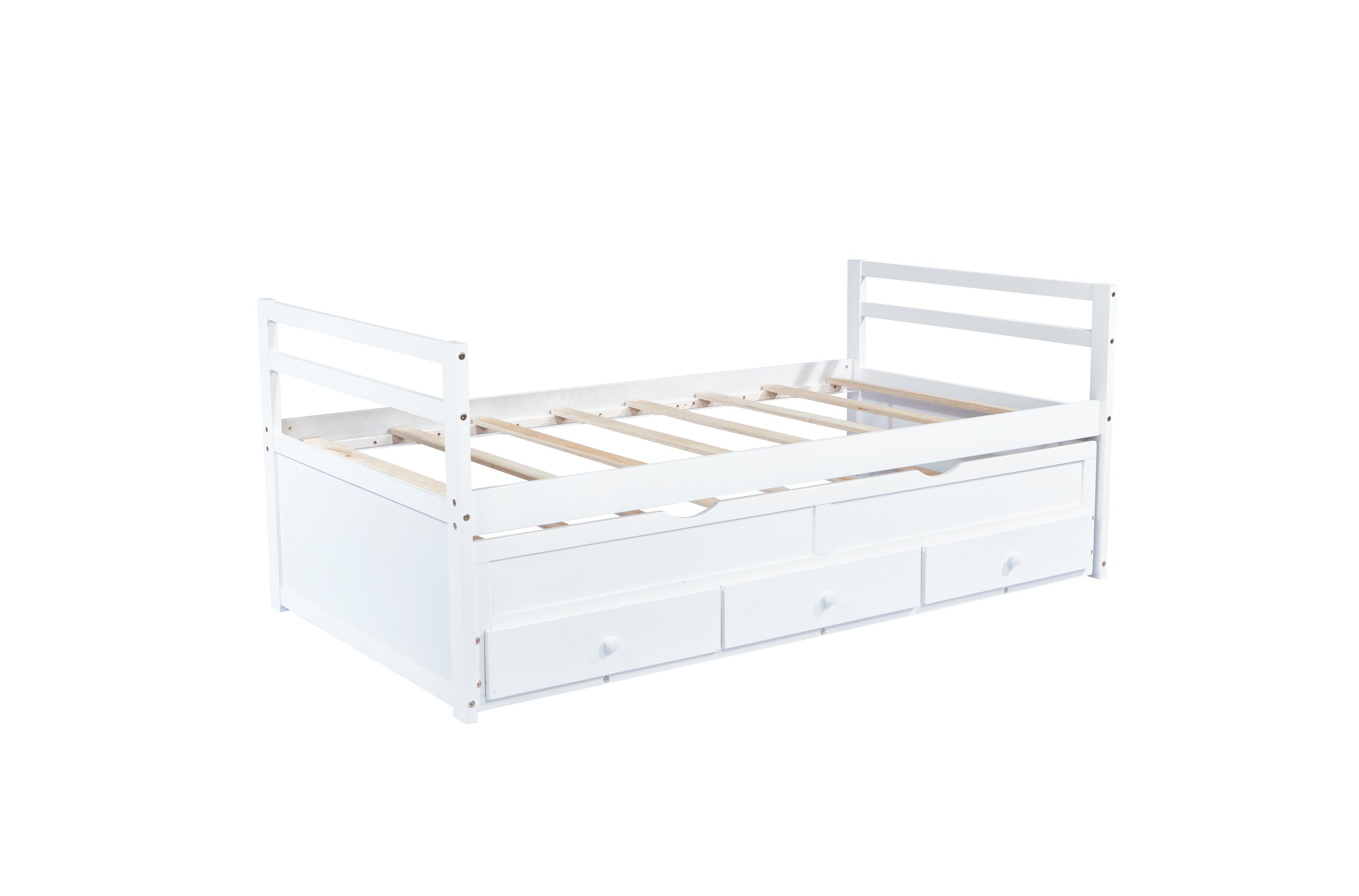 HAOYYE Twin Bed with Headboard, Footboard, Trundle and Storage Drawers, Pine Wood Twin Size Bed, White, Sturdy Space-Saving Heavy Duty Construction, Ideal for Adults and Dorm Rooms