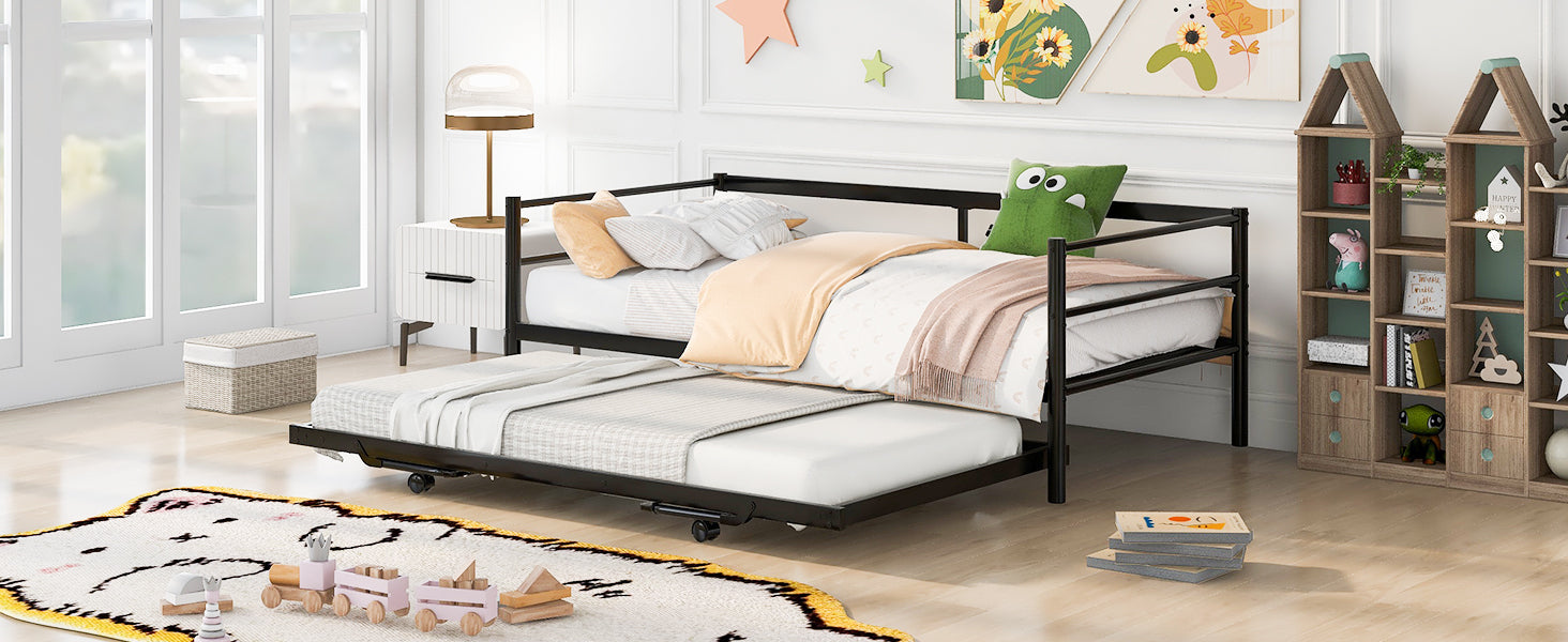 HAOYYE Twin Size Metal Daybed with Adjustable Trundle, Pop Up Trundle, Black Sturdy Space-Saving Heavy Duty Modern Design Adults Dorm Room Easy Assembly Bedroom Furniture
