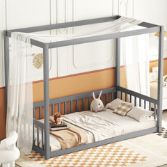 HAOYYE Twin Size Canopy Frame Floor Bed with Fence, Guardrails,Grey Sturdy Space-Saving Heavy Duty Modern Design Adults Dorm Room Easy Assembly Bedroom Furniture