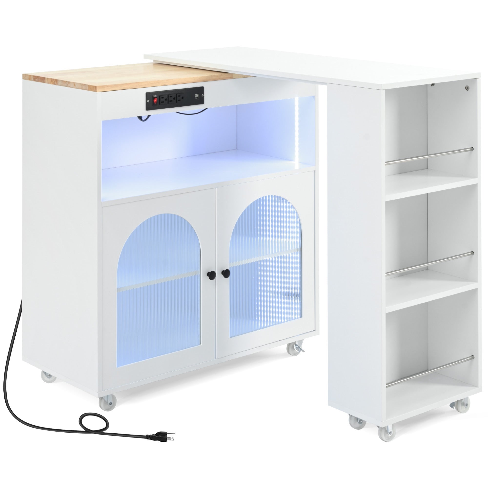 HAOYYE K&K Rolling Kitchen Island With Extended Table, Kitchen island on Wheels with LED Lights,Power Outlets and 2 Fluted Glass Doors, Kitchen Island with a Storage Compartment and Side 3 Open Shelves,White