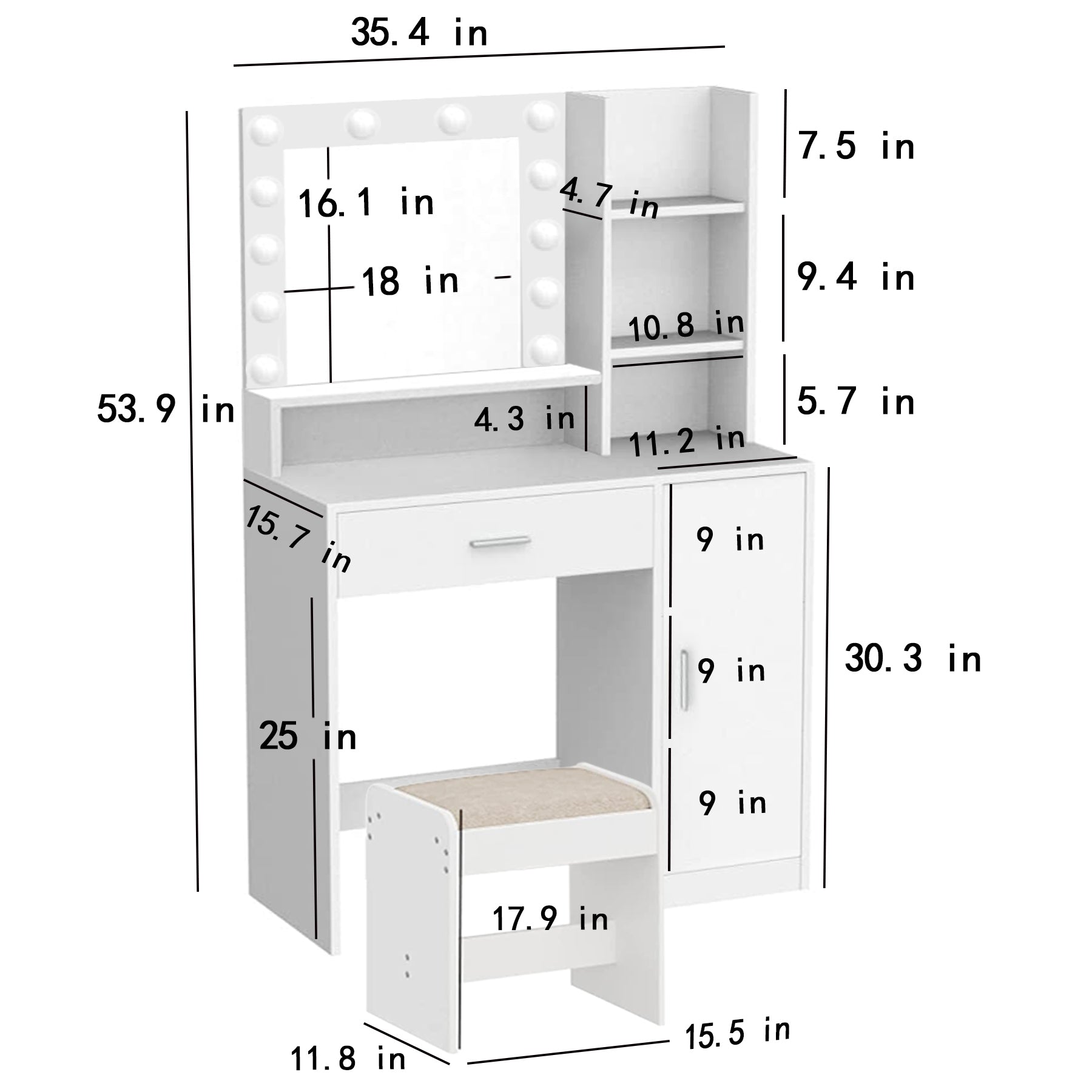 HAOYYE Vanity Desk with Mirror & Light, Large Drawer Three-Level Storage Dresser, 3 Lighting Modes with Adjustable Brightness, Modern Luxury Bedroom Dressing Table, White with Stool