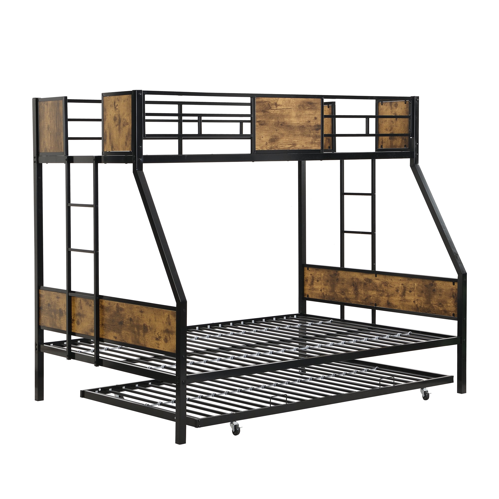 HAOYYE Twin Over FULL Metal Bunk Bed with Trundle 2 - Side Ladder and Full-Length Guardrail, No Box Spring Needed, Large Under Bed Storage, Easy Assemble , Black & Brown Sturdy Space-Saving Heavy Duty