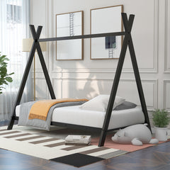 HAOYYE House Bed Tent Bed Frame Twin Size Metal Floor Play House Bed with Slat for Girls Boys , No Box Spring Needed Black Sturdy Space-Saving Heavy Duty Modern Design Easy Assembly Durable Stylish
