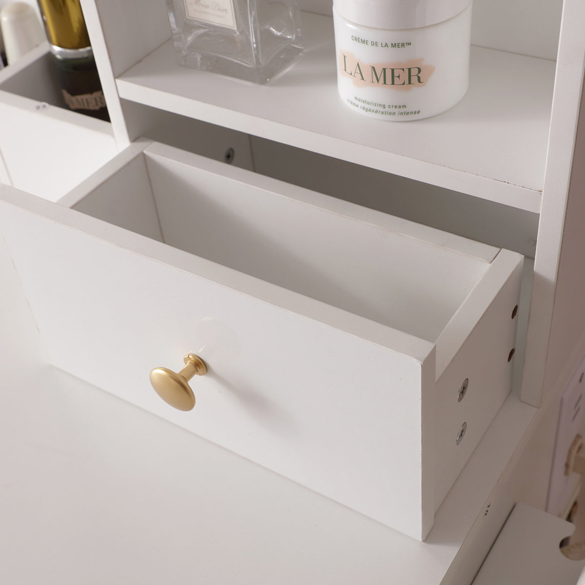 HAOYYE Vanity Desk With Lighted Mirror And Power Outlet, Makeup Table With Drawers And Cabinet, Sturdy Iron Frame, Space-Saving Modern Design, Heavy Duty White Makeup Vanity Table For Bedroom