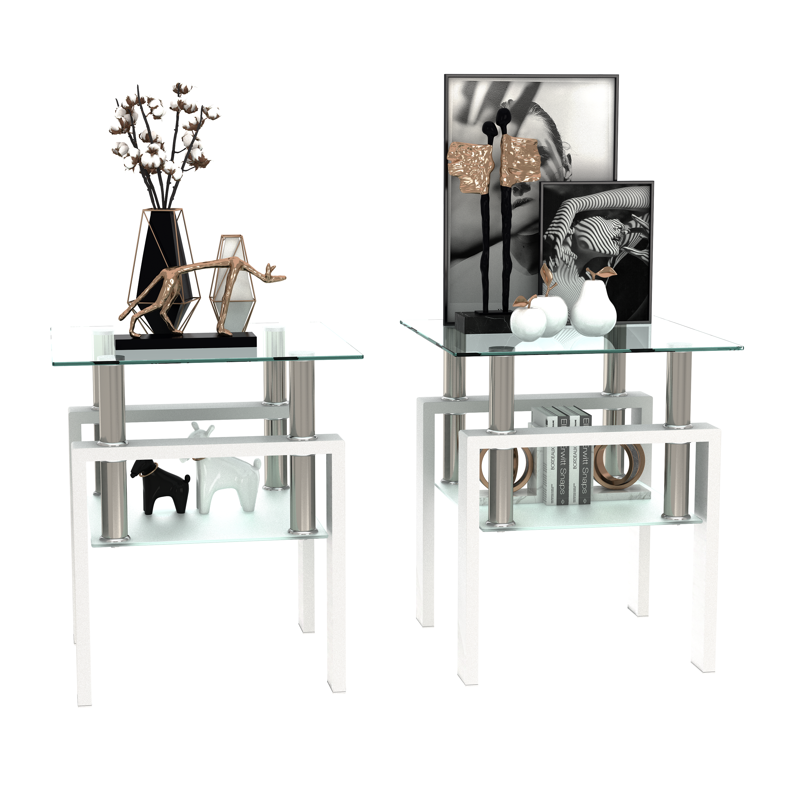 Haoyye Set of 2 Modern Tempered Glass Coffee and Tea Tables, Square Transparent and White Side Tables for Living Room, Sturdy Heavy Duty Space-Saving Design, Easy Assembly for Adults and Dorm Rooms
