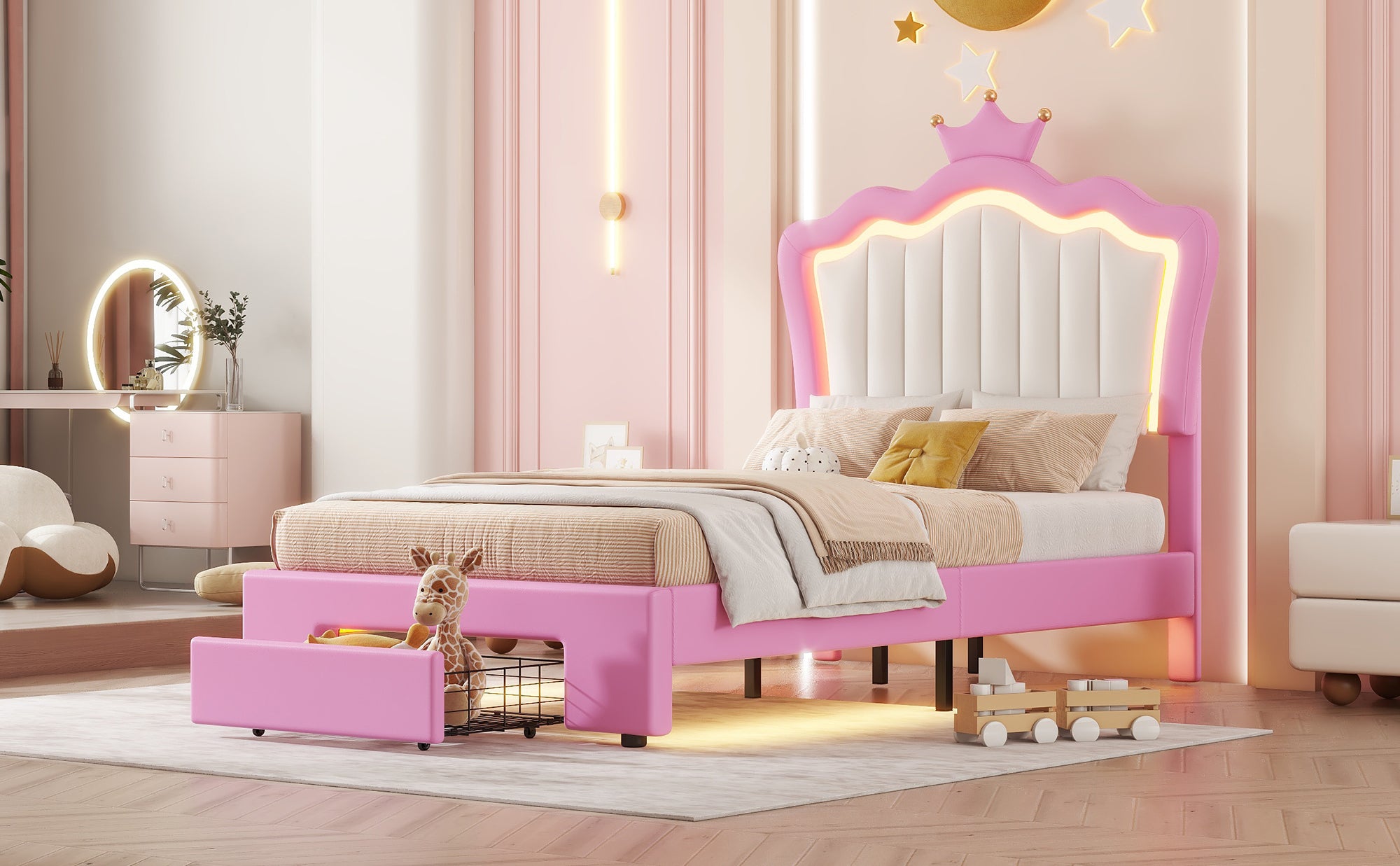 HAOYYE Twin Size Upholstered Bed Frame With LED Lighting, Modern Princess Bed With Crown Headboard And Storage Drawer, Pink And White, Sturdy Space-Saving Heavy Duty Design For Adults And Dorm Rooms