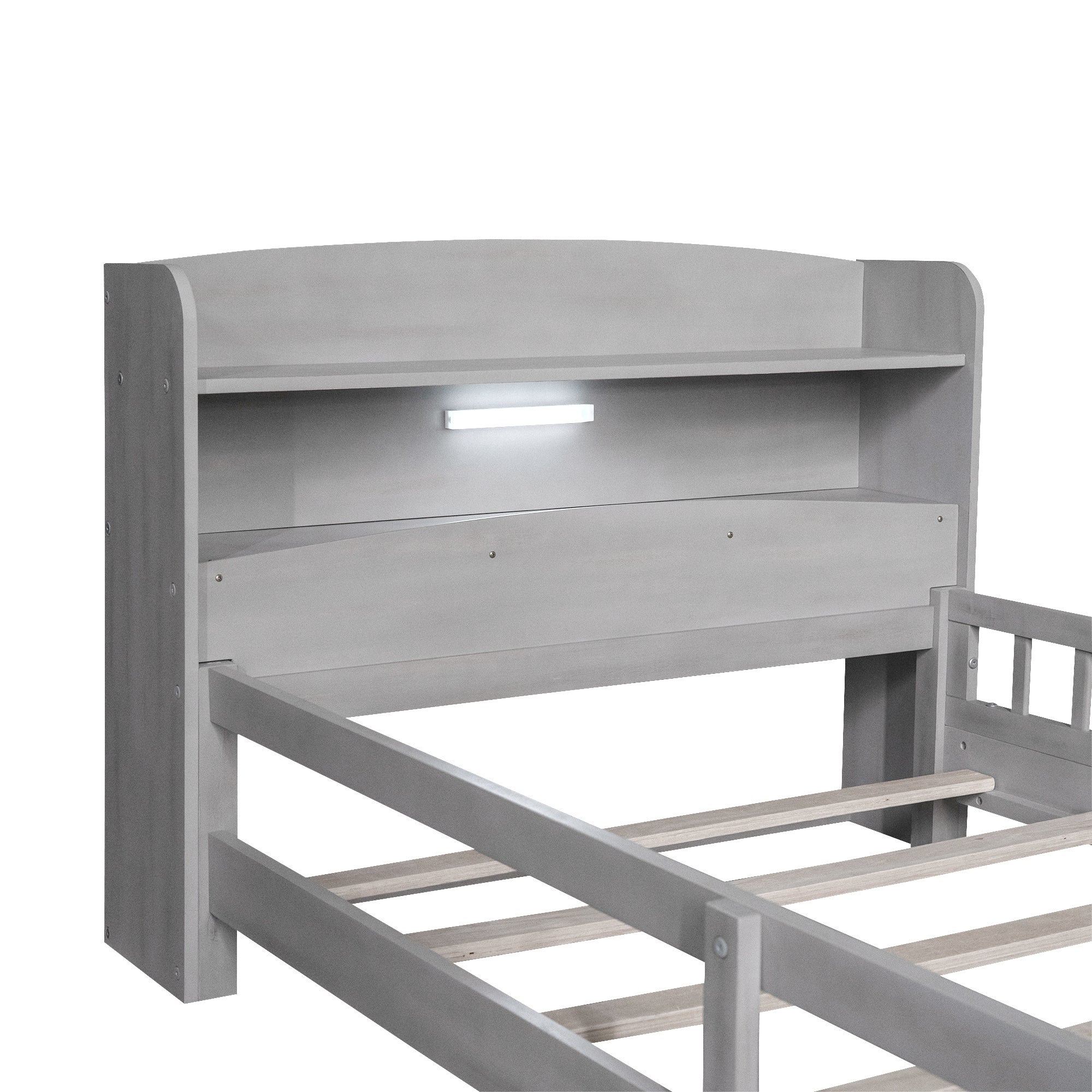 HAOYYE Wood Twin Size Platform Bed with Built-in LED Light, Storage Headboard and Guardrail, Antique Grey Sturdy Space-Saving Heavy Duty Modern Design Adults Dorm Room Easy Assembly Bedroom Furniture