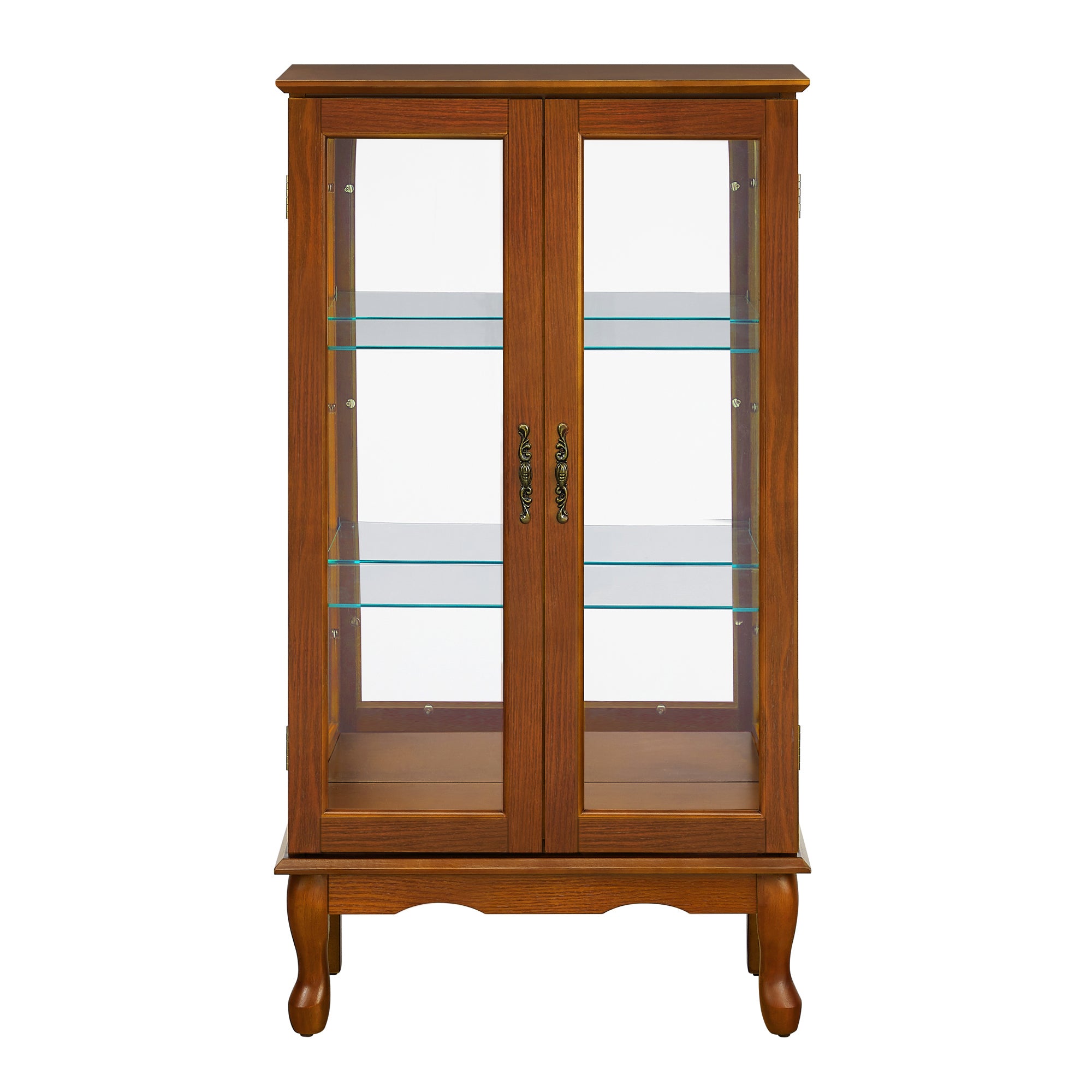 HAOYYE Curio Cabinet with Integrated Lighting and Adjustable Shelves Featuring a Mirrored Back Panel and Tempered Glass Doors in Oak Finish for Displaying Collectibles and Home Decor with Sturdy, Space Saving, Heavy Duty Construction