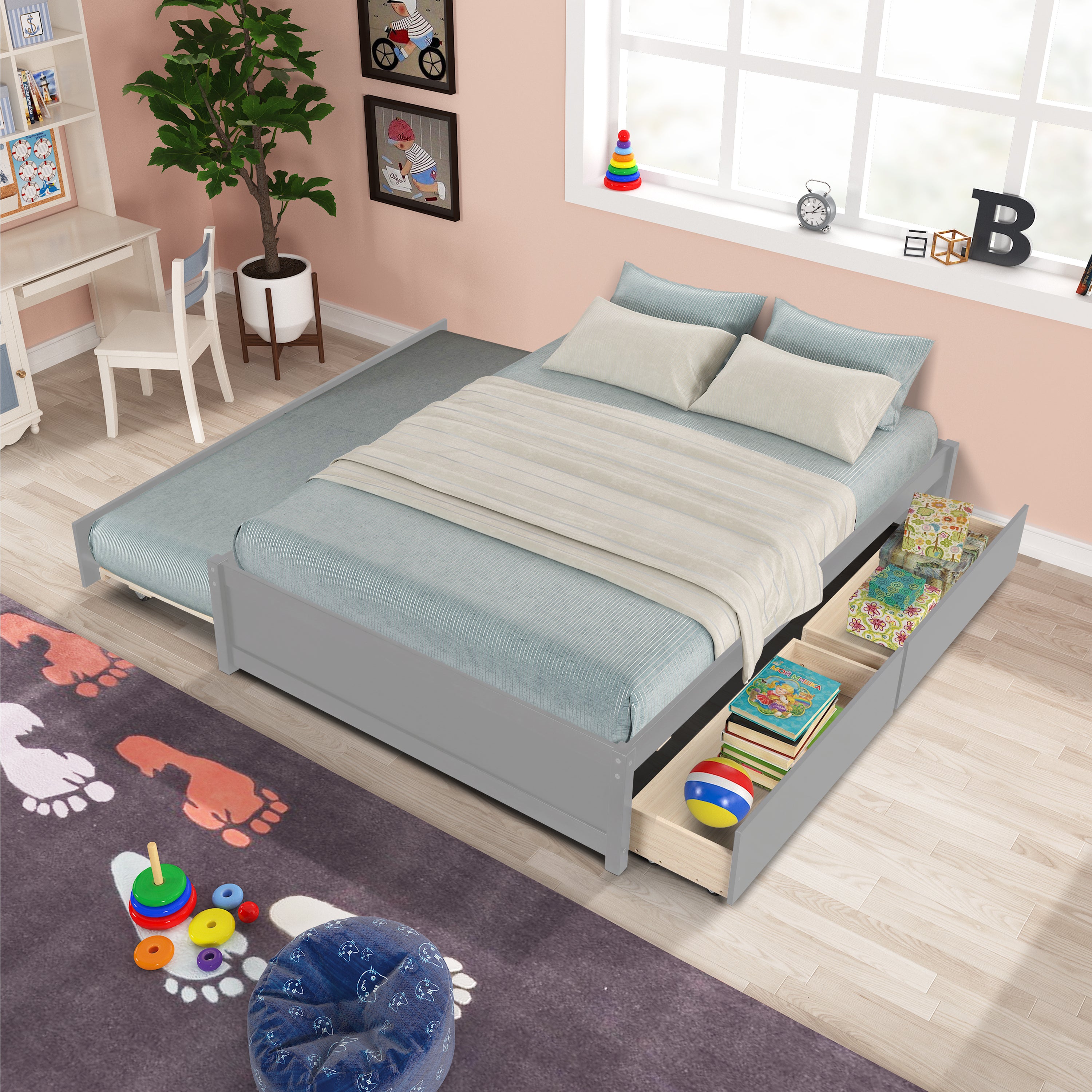 HAOYYE Full Bed With Twin Trundle And Storage Drawers, Grey Wood Platform Bed Frame, Space-Saving Heavy Duty Design, Modern Style For Bedroom Or Dorm Room, Easy Assembly