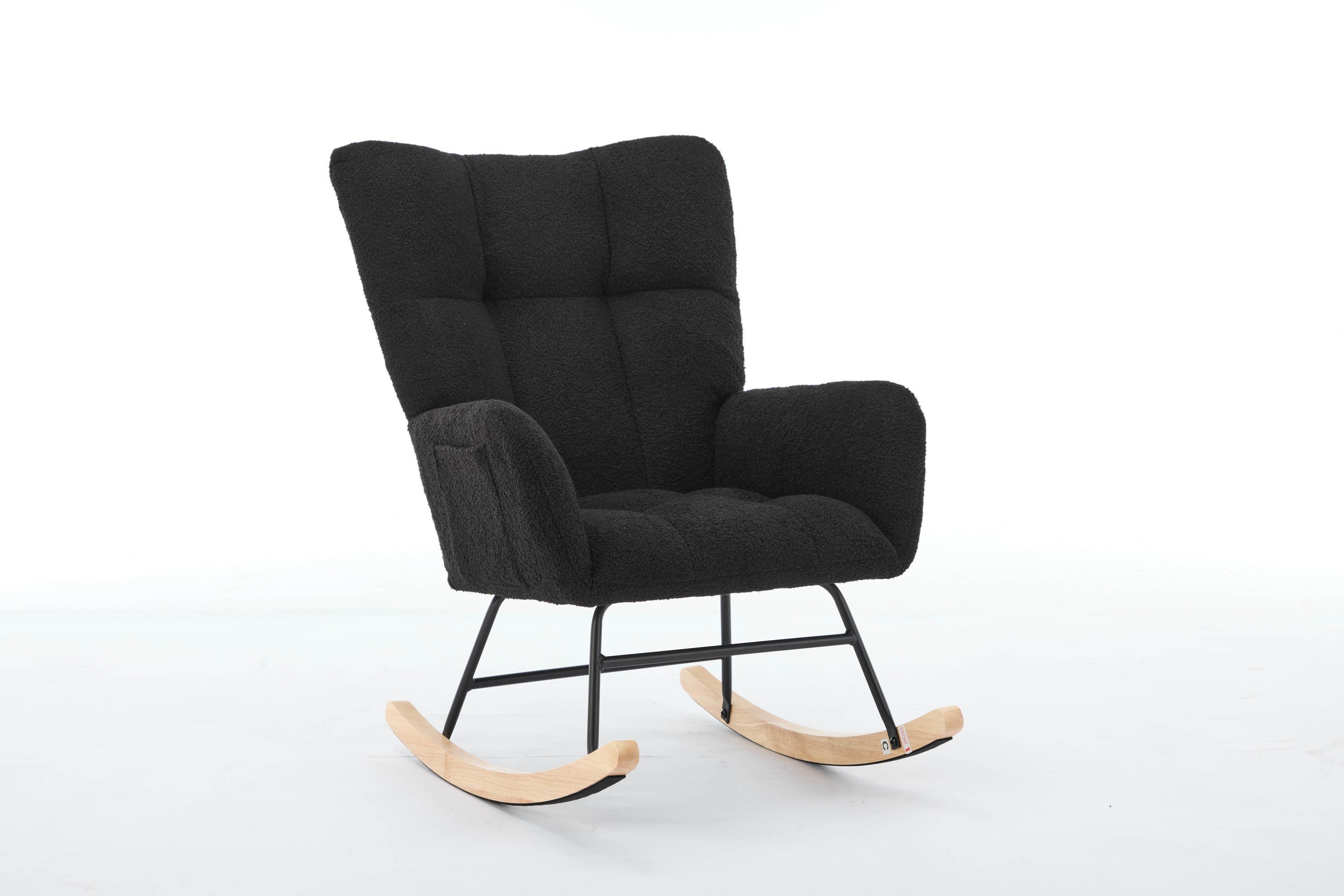 Haoyye Black Modern Nursery Rocking Chair with High Backrest, Soft Teddy Upholstered Glider Accent Armchair with Solid Wood Legs, Gentle Rocker for Bedroom, Living Room, or Nursery, Sturdy and Space-Saving Design for Adults