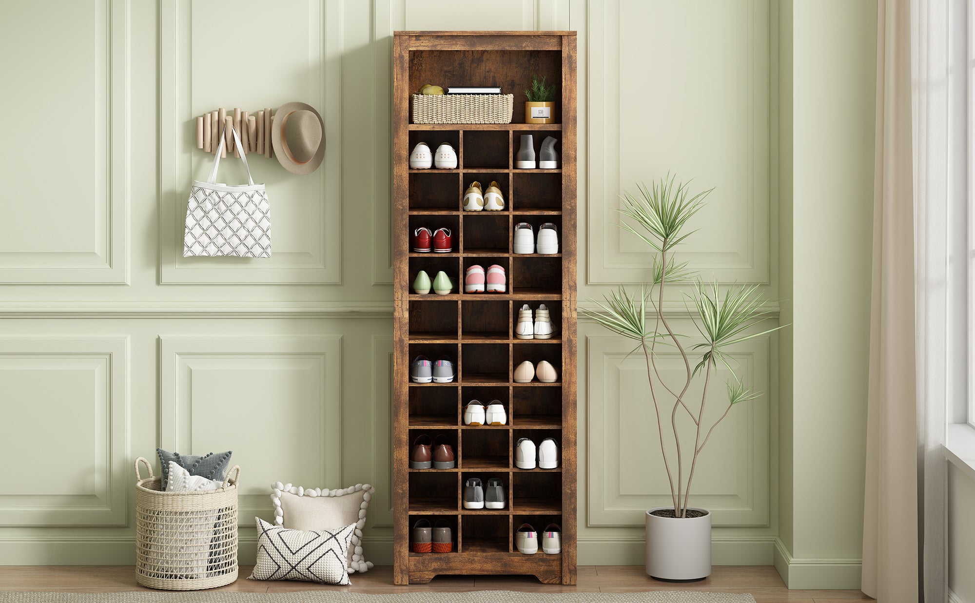 HAOYYE ON-TREND Stylish Design 30 Shoe Cubby Console, Contemporary Shoe Cabinet with Multiple Storage Capacity, Free Standing Tall Cabinet with Versatile Use for Hallway, Bedroom, Rustic Brown Sturdy