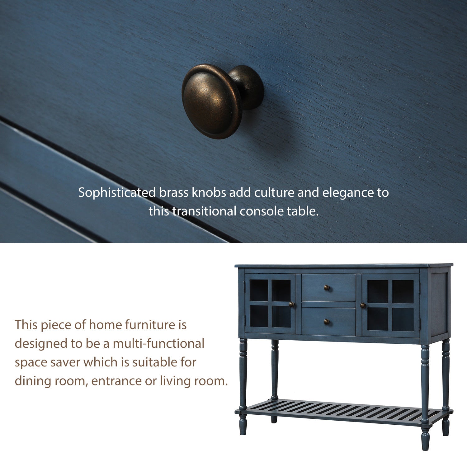 HAOYYE Sideboard Console Table with Bottom Shelf, Farmhouse Wood/Glass Buffet Storage Cabinet Living Room (Antique Navy) Sturdy Space-Saving Heavy Duty Modern Design Easy Assembly Durable Stylish