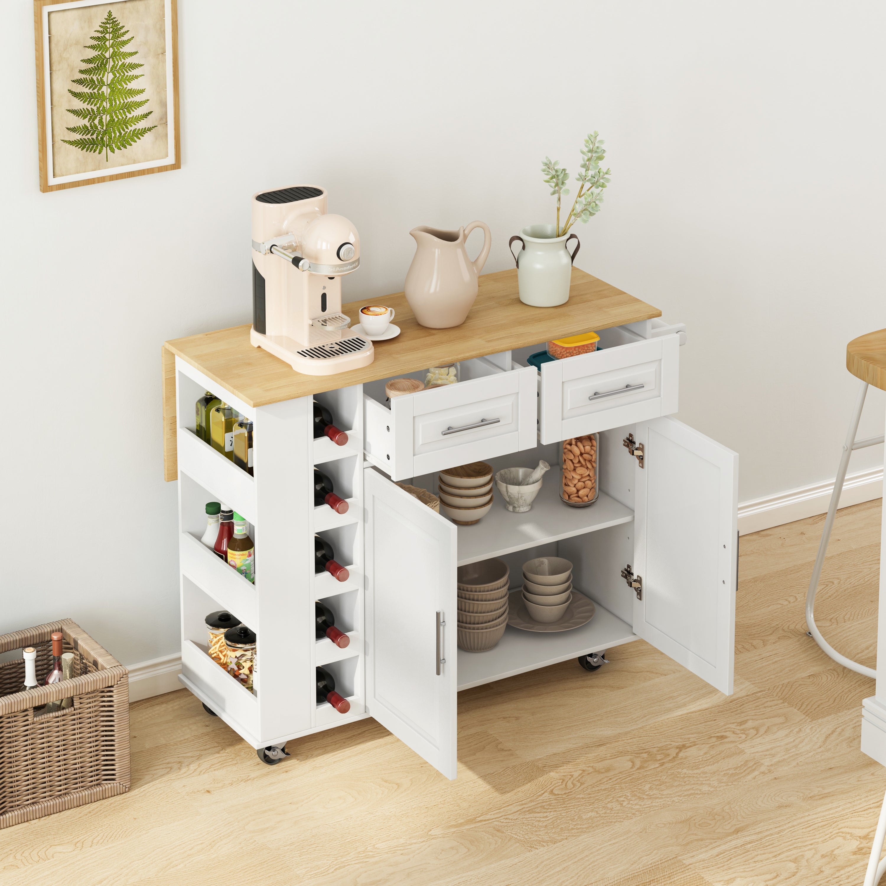 HAOYYE Multi-Functional Kitchen Island Cart with 2 Door Cabinet, 2 Drawers, Spice Rack, Towel Holder, Wine Rack, and Foldable Rubberwood Table Top, Sturdy Space-Saving Design, Heavy Duty Modern Style for Kitchen Storage