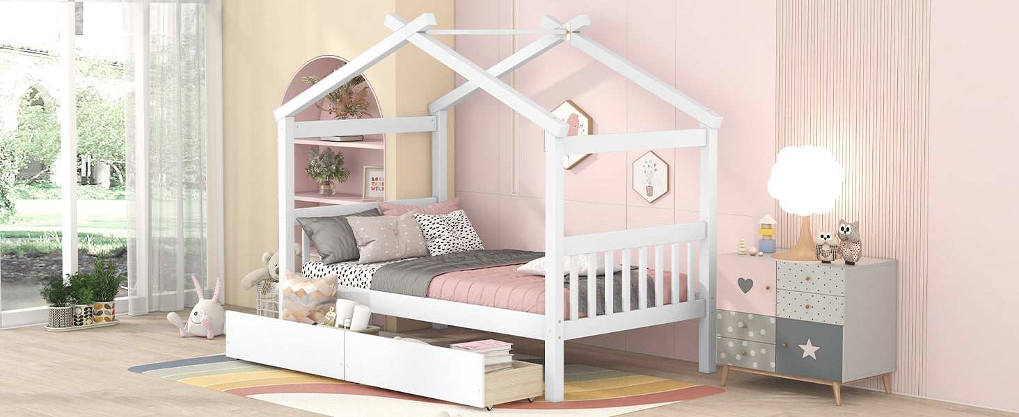 HAOYYE Twin Size Wooden House Bed Frame With Drawers, White, Space-Saving Heavy Duty Modern Design For Adults And Dorm Rooms, Easy Assembly Bedroom Furniture