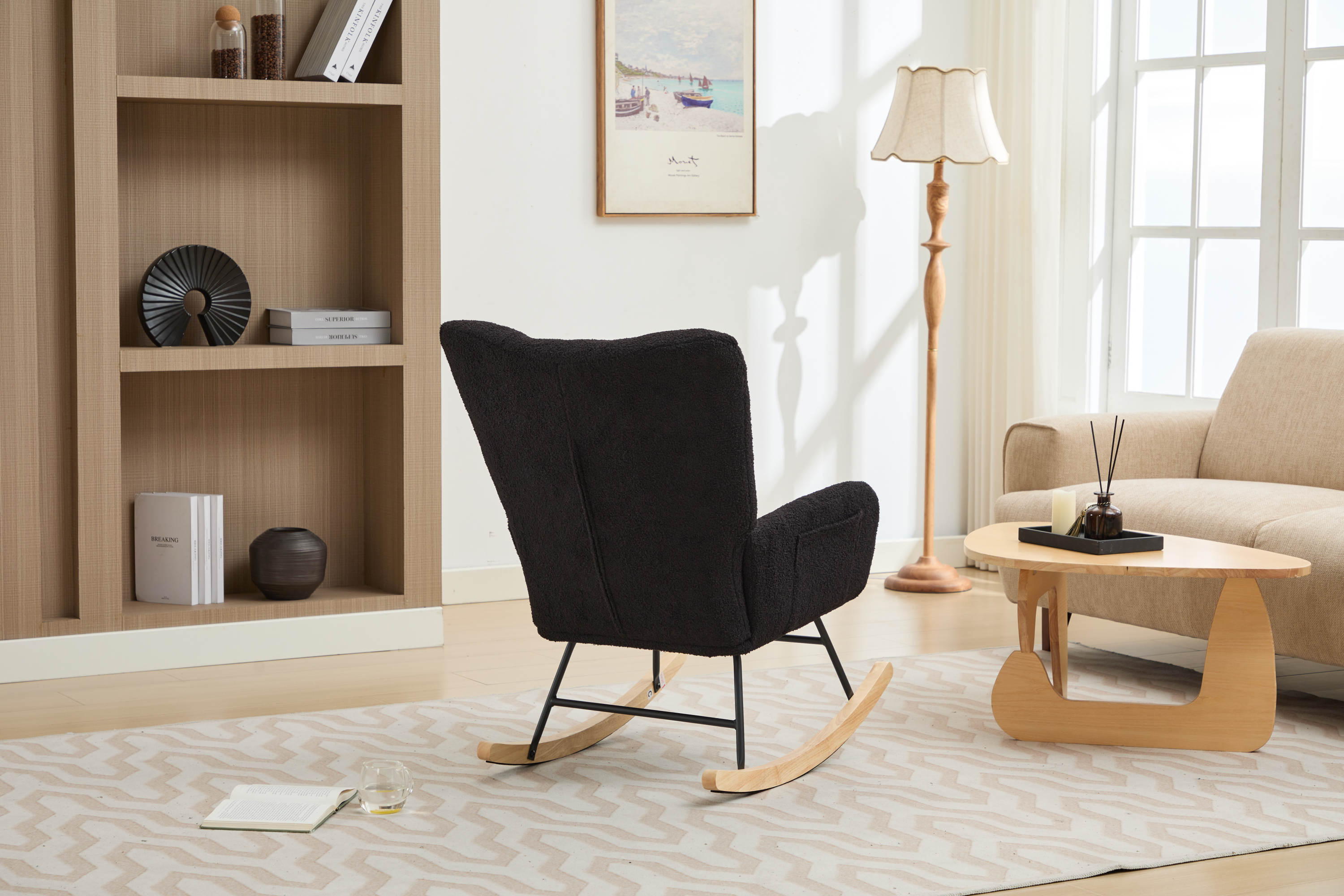 Haoyye Black Modern Nursery Rocking Chair with High Backrest, Soft Teddy Upholstered Glider Accent Armchair with Solid Wood Legs, Gentle Rocker for Bedroom, Living Room, or Nursery, Sturdy and Space-Saving Design for Adults