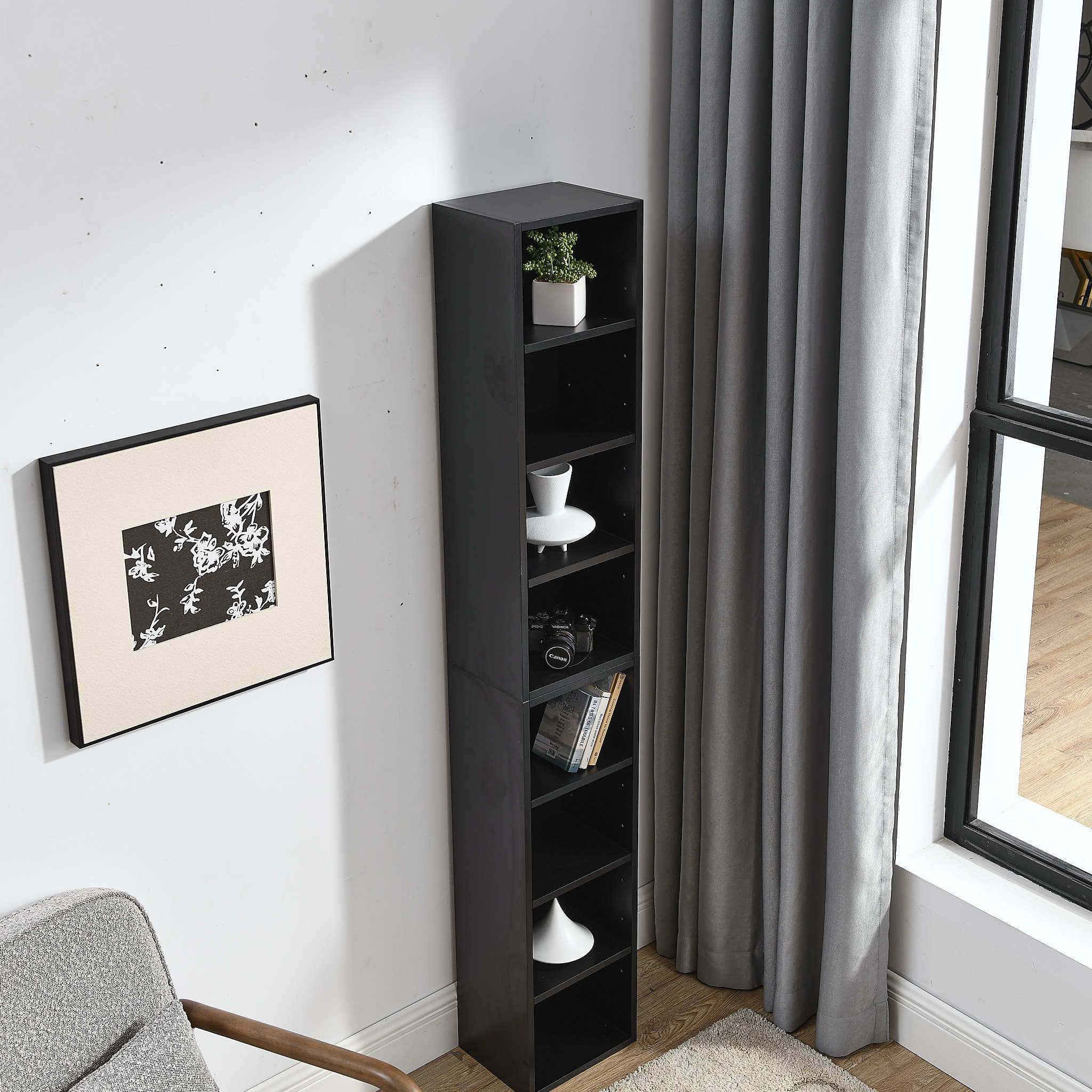 Haoyye 8 Tier Media Tower Rack With Adjustable Shelves For CD DVD Storage, Slim Cabinet Display, Tall Narrow Bookcase Design For Home Office Organizer