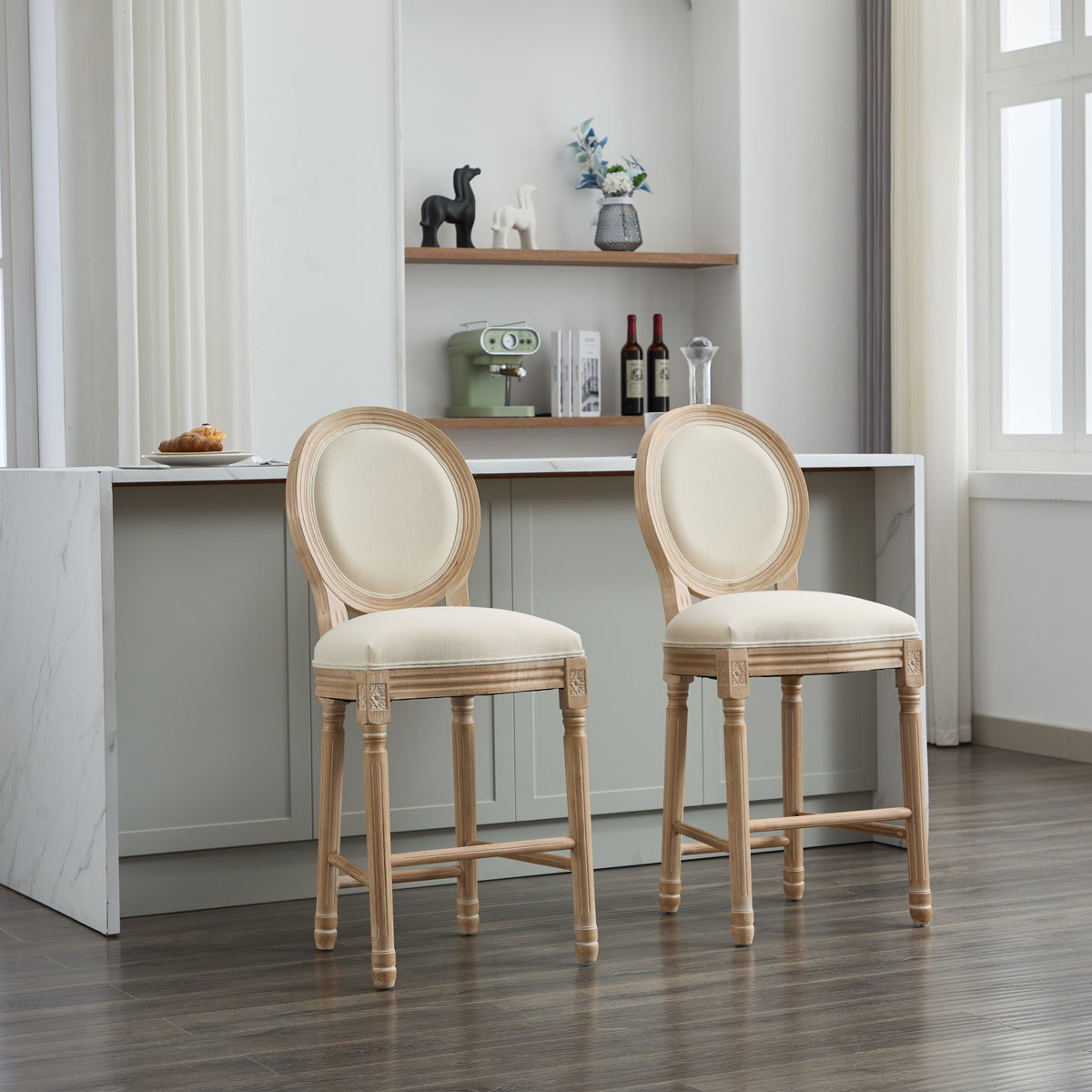 HAOYYE Solid Wood Bar stools Set of 2, Classic French Country Wooden Barstools with Upholstered Seating Sturdy Space-Saving Heavy Duty Modern Design Adults Dorm Room Easy Assembly Bedroom Furniture