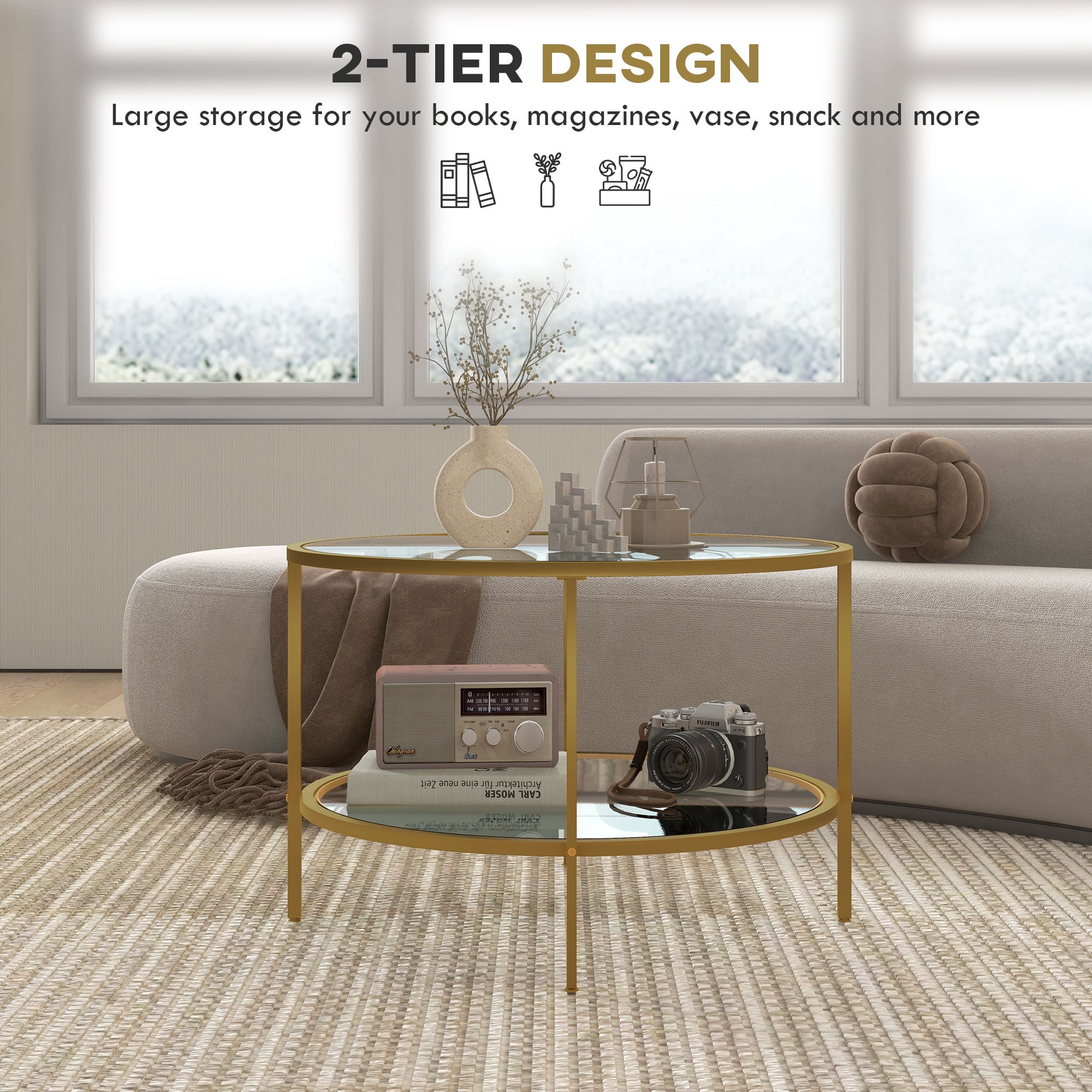 HAOYYE Rattan Coffee Table with Storage Shelf, Round Boho Side Table with Woven Rattan Top and Wood Frame, Small Accent Table for Living Room Bedroom Balcony, Modern Natural Style Indoor End Table for Home and Apartment
