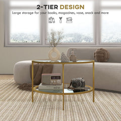 HAOYYE Rattan Coffee Table with Storage Shelf, Round Boho Side Table with Woven Rattan Top and Wood Frame, Small Accent Table for Living Room Bedroom Balcony, Modern Natural Style Indoor End Table for Home and Apartment