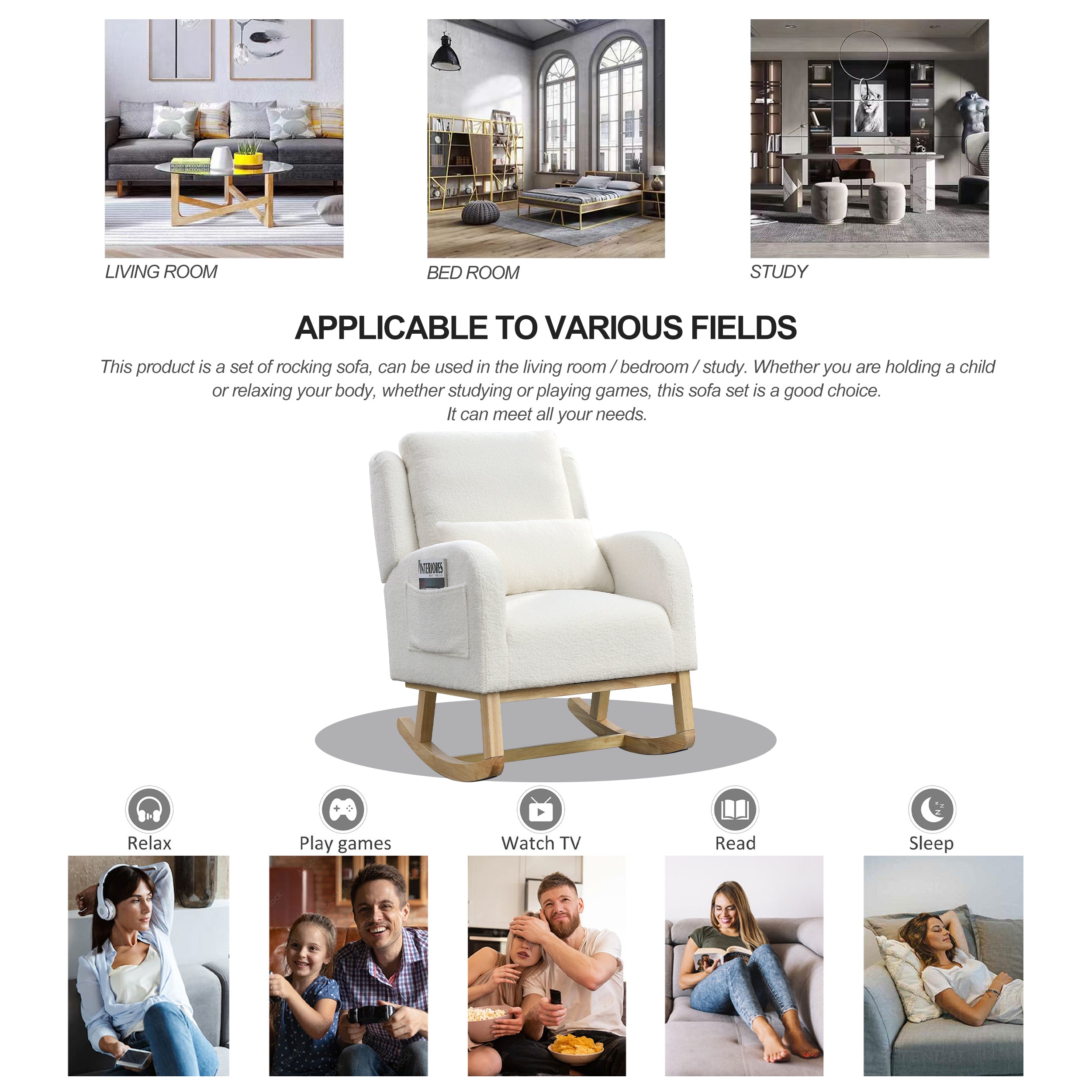 HAOYYE 27.5 "W Modern Accent High Back Living Room Casual Armchair Rocker with One Lumbar Pillow, Two Side Pockets,Teddy White (Ivory) Sturdy Space-Saving Heavy Duty Modern Design Adults