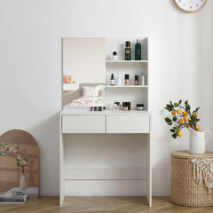 HAOYYE Vanity Desk with Mirror, White Dressing Table with 2 Drawers, Modern Makeup Vanity for Bedroom, Small Space Vanity Table with Storage, Sleek & Elegant Design for Girls and Women, Compact Beauty Station for Makeup Room