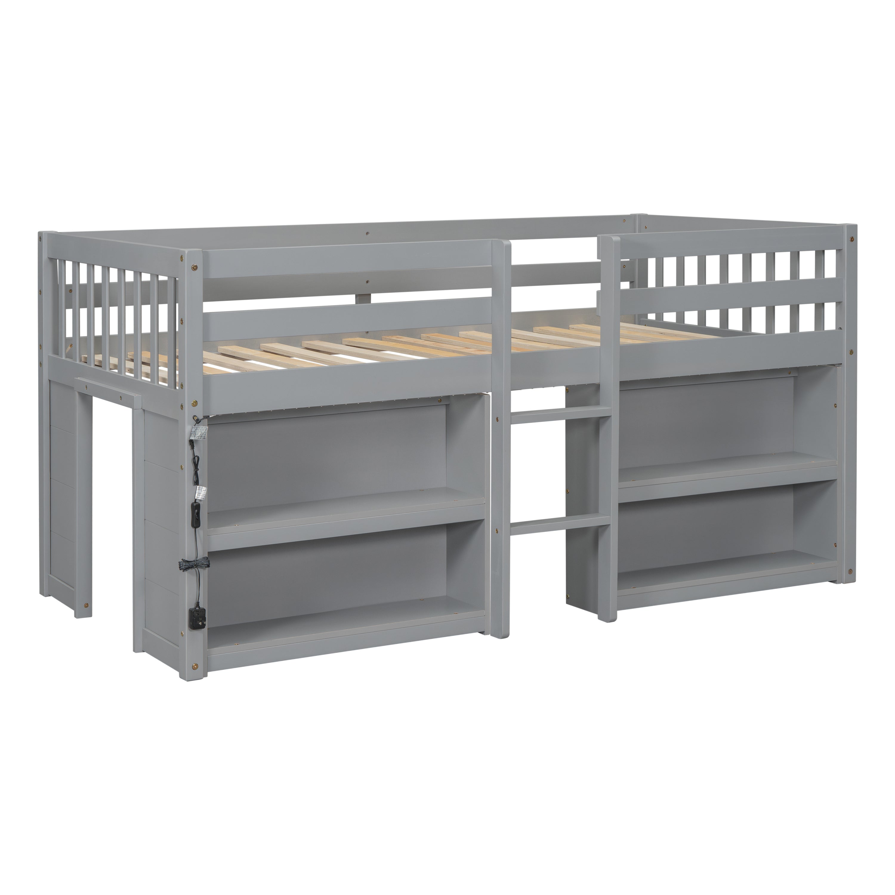 HAOYYE Twin Size Kid Low Loft Bed With Two-Tier Shelves And LED Light For Grey Color Sturdy Space-Saving Heavy Duty Modern Design Adults Dorm Room Easy Assembly Bedroom Furniture