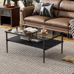 HAOYYE Rectangle Coffee Table with Gray Tempered Glass top and Black Legs,Modern Table for Living Room Sturdy Space-Saving Heavy Duty Modern Design Adults Dorm Room Easy Assembly Bedroom Furniture