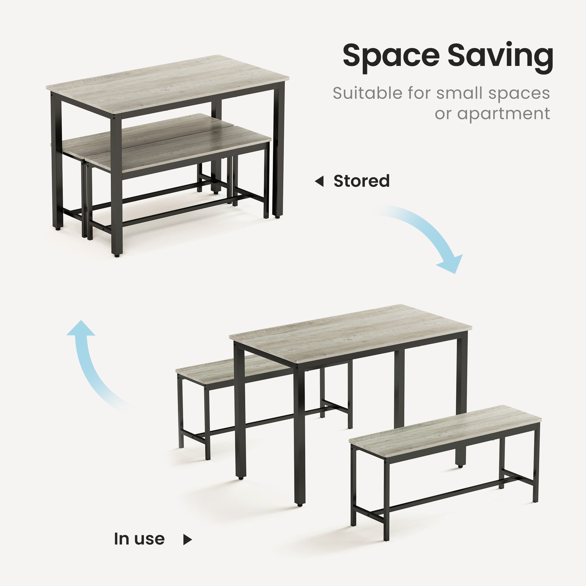 HAOYYE Industrial Dining Table Set with 2 Dining Benches, Modern Bar Table with Chairs for Kitchen, Breakfast Nook, Living Room, and Party Room, Grey and Black Finish, Sturdy Construction for Everyday Use