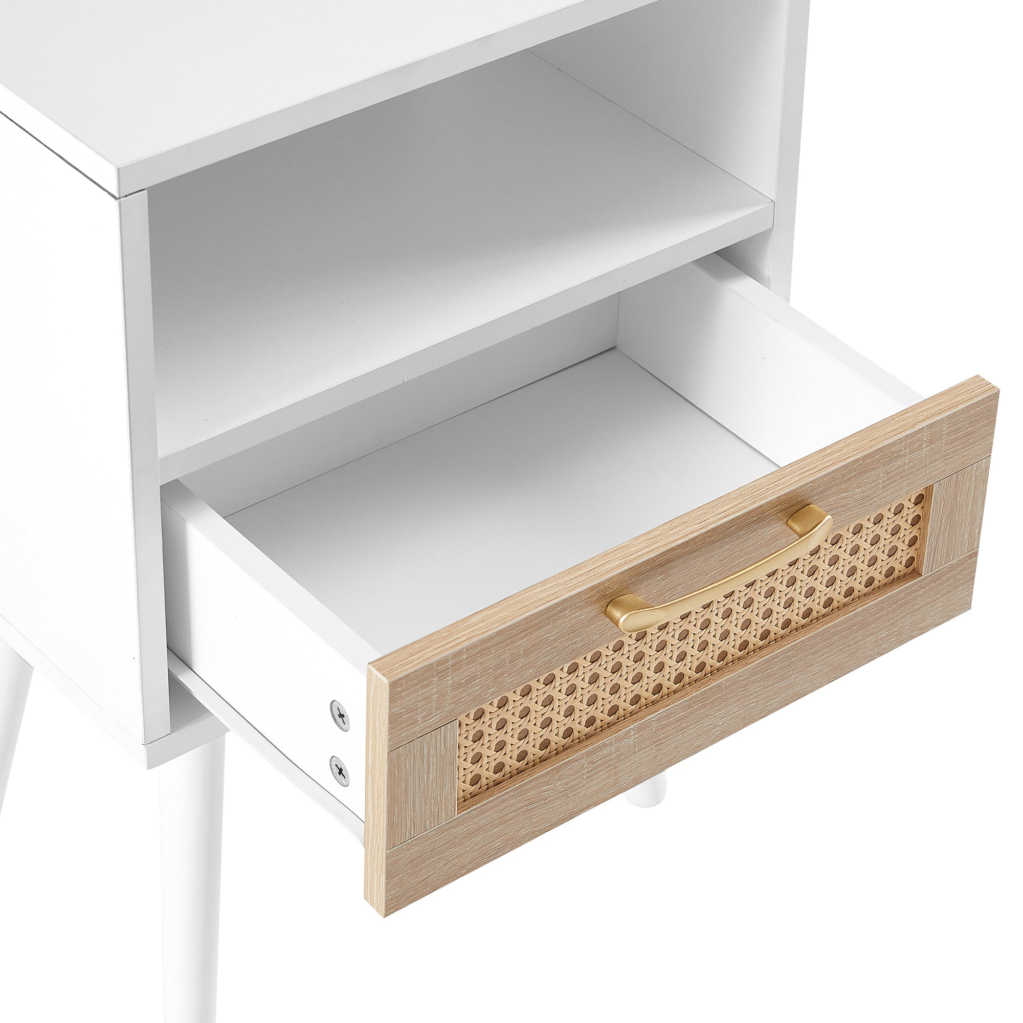 HAOYYE Rattan End Table With Drawer And Solid Wood Legs, Modern Nightstand For Bedroom And Living Room, Sturdy Space-Saving Heavy Duty Design, Easy Assembly, White