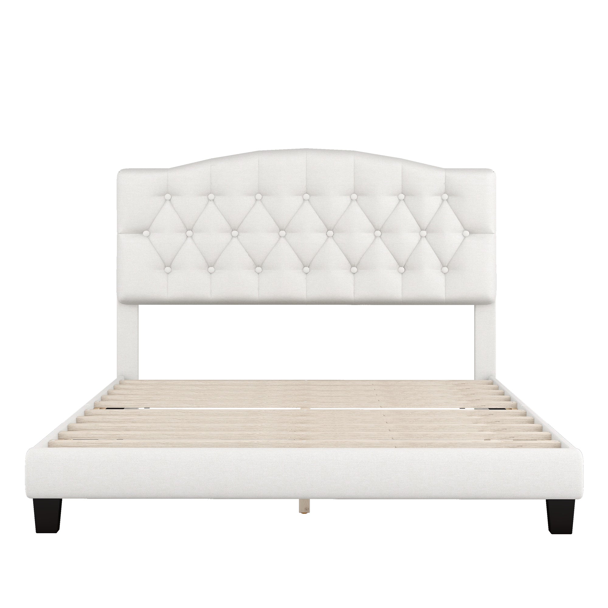 HAOYYE Upholstered Platform Bed with Saddle Curved Headboard and Diamond Tufted Details, Queen, Beige Sturdy Space-Saving Heavy Duty Modern Design Adults Dorm Room Easy Assembly Bedroom Furniture