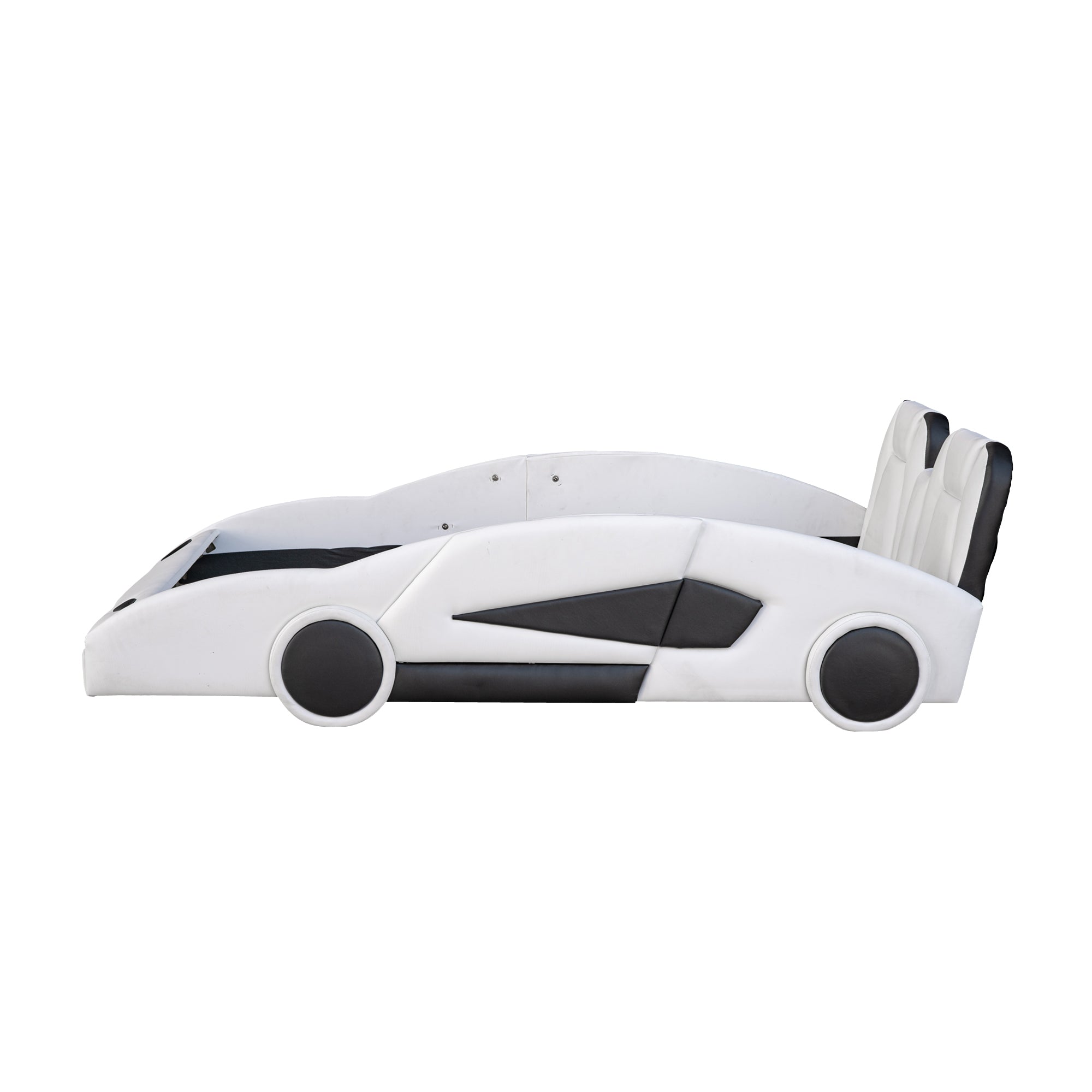 HAOYYE Twin Size Race Car-Shaped Platform Bed with Wheels, White Sturdy Space-Saving Heavy Duty Modern Design Adults Dorm Room Easy Assembly Bedroom Furniture