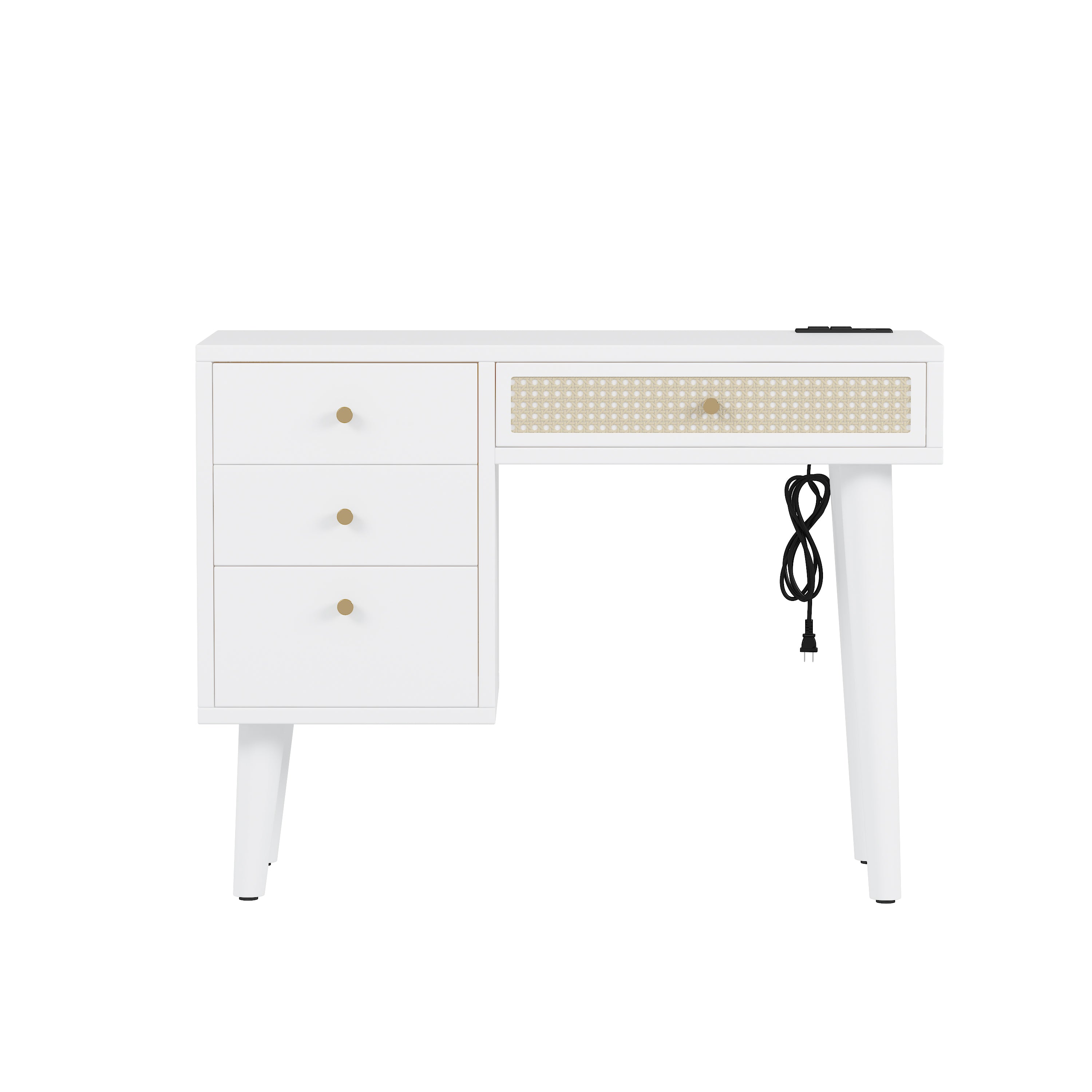HAOYYE 39" Retro Bohemian Style Wooden Makeup Vanity Set with Charging Plug&USB Port and Stool, Dressing Table with 3 Storage Drawers and 1 Rectangular Rattan Drawer, White