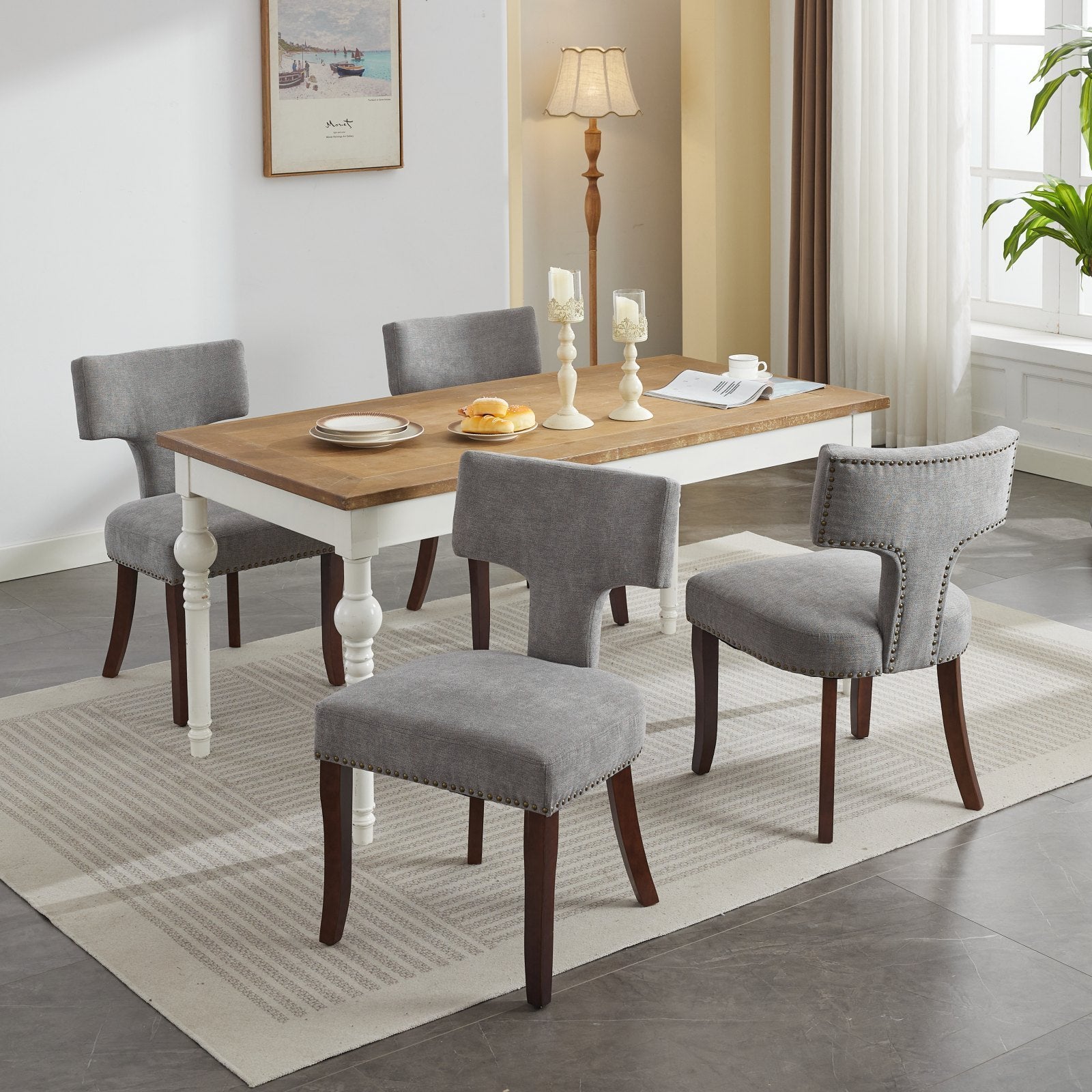 HAOYYE Mid Century Modern Dining Chairs Set of 2, Farmhouse Linen Fabric Upholstered Accent Chair Curved Backrest with Copper Nails around,Kitchen Chairs with Hardwood Frame, Gray Sturdy Space-Saving Durable