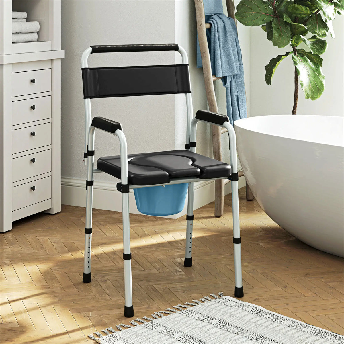 HAOYYE Black Multi-Functional Portable Toilet Chair With Adjustable Height, Lightweight Foldable Commode Chair for Bathroom, Shower, and Elderly Assistance, Durable Steel Frame and Comfortable Padded Seat for Easy Mobility and Hygiene