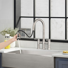 HAOYYE Double Handle Bridge Kitchen Faucet With Pull-Down Spray Head Sturdy Space-Saving Heavy Duty Modern Design Adults Dorm Room Easy Assembly Bedroom Furniture