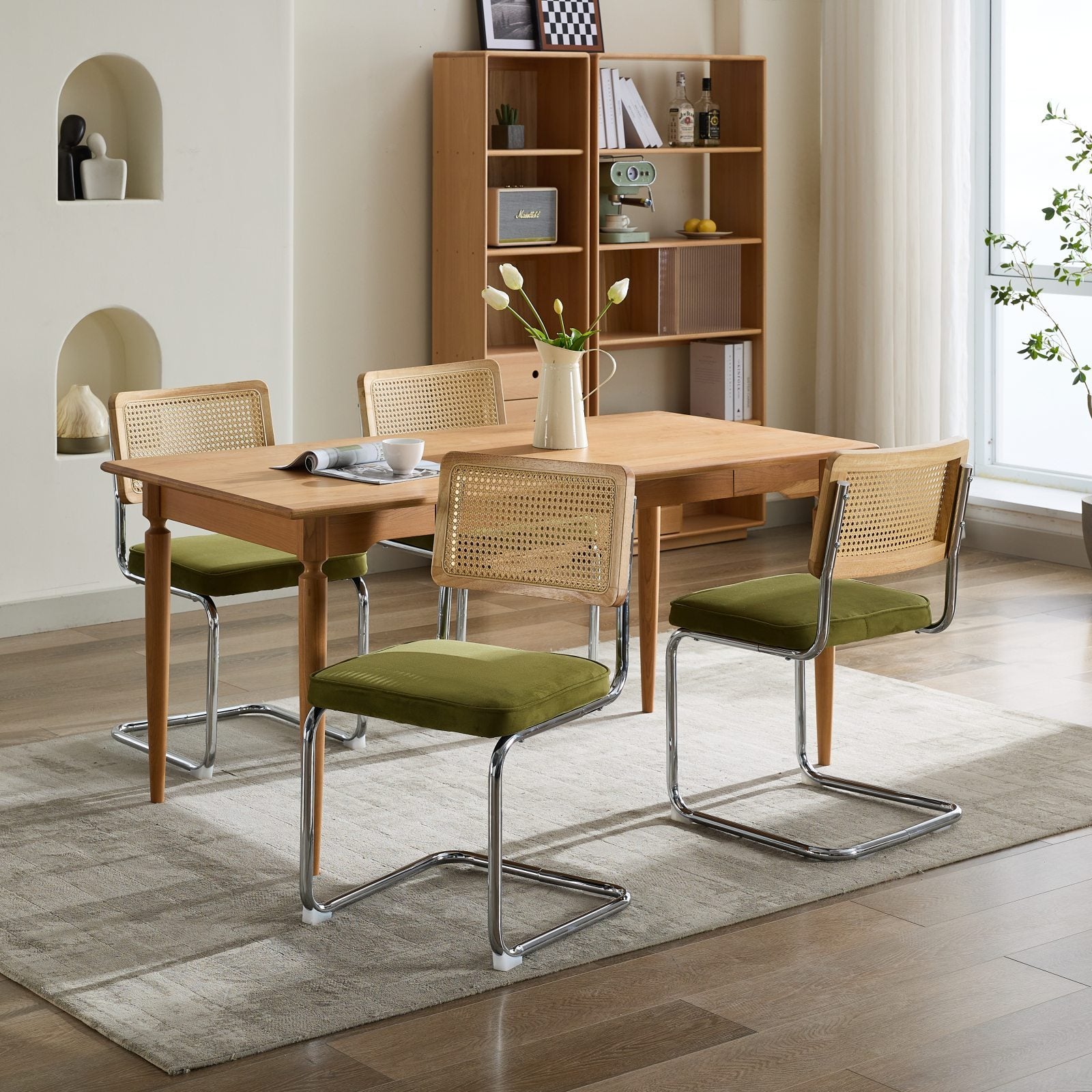 HAOYYE Mid Century Modern Dining Chairs Set of 2, Velvet Accent Chairs with Natural Cane Back & Stainless Chrome Base, Famous Breuer Designed Chairs, Upholstered Rattan Kitchen Chairs,Olive-Green Sturdy