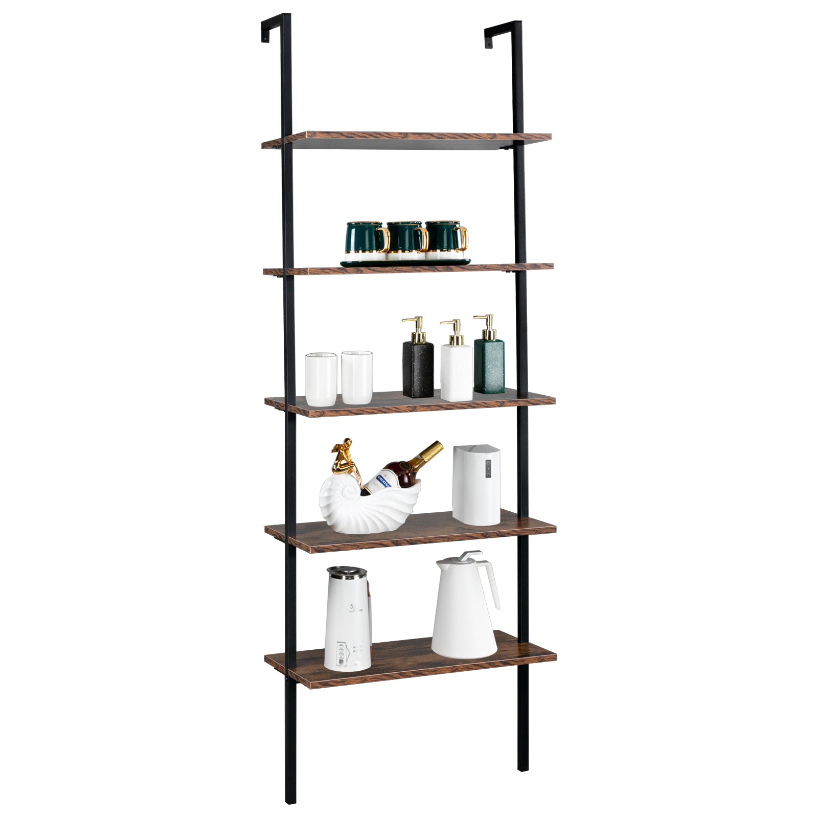 HAOYYE 5-Tier Industrial Wall Mounted Ladder Bookcase – Rustic Brown Wood Finish With Black Metal Frame, Open Display Shelf For Books, Home Décor, Plants, Living Room Storage, Office Display, Durable & Space-Saving Industrial Design