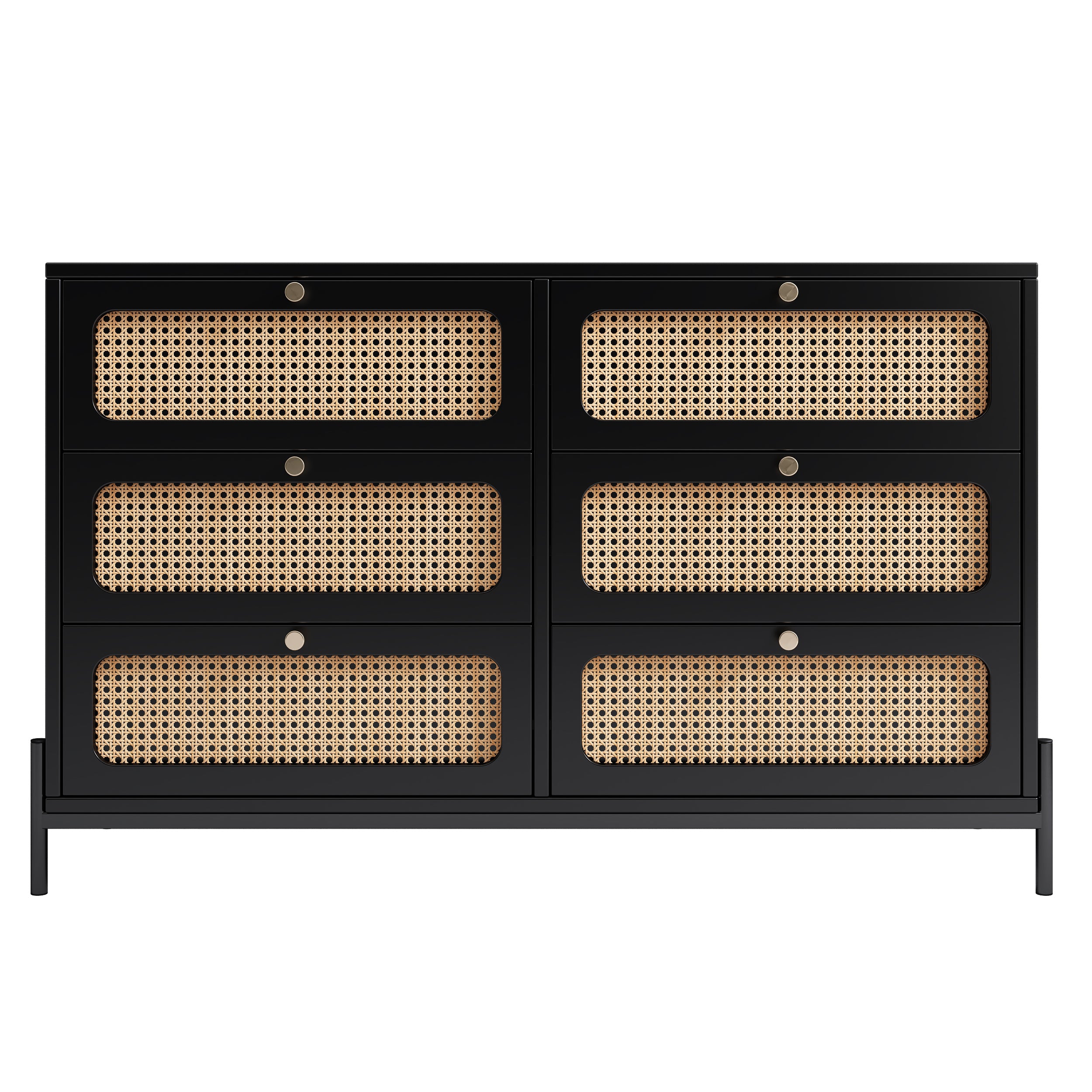 HAOYYE Modern Rattan Wood 6-Drawer Dresser, Storage Cabinet With Cannage Design, Versatile Sideboard For Bedroom, Living Room, Entryway, Or Hallway, Black, Sturdy Space-Saving Heavy Duty Design