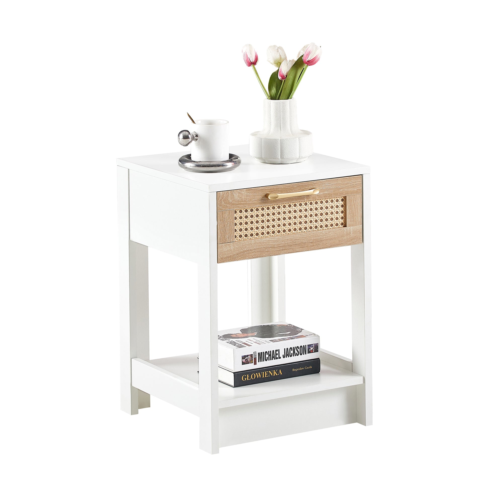HAOYYE Rattan Side Table with Drawer, Modern White End Table, Sturdy Space-Saving Design, Heavy Duty Construction, Easy Assembly, Stylish and Durable Home Furniture for Living Room or Bedroom