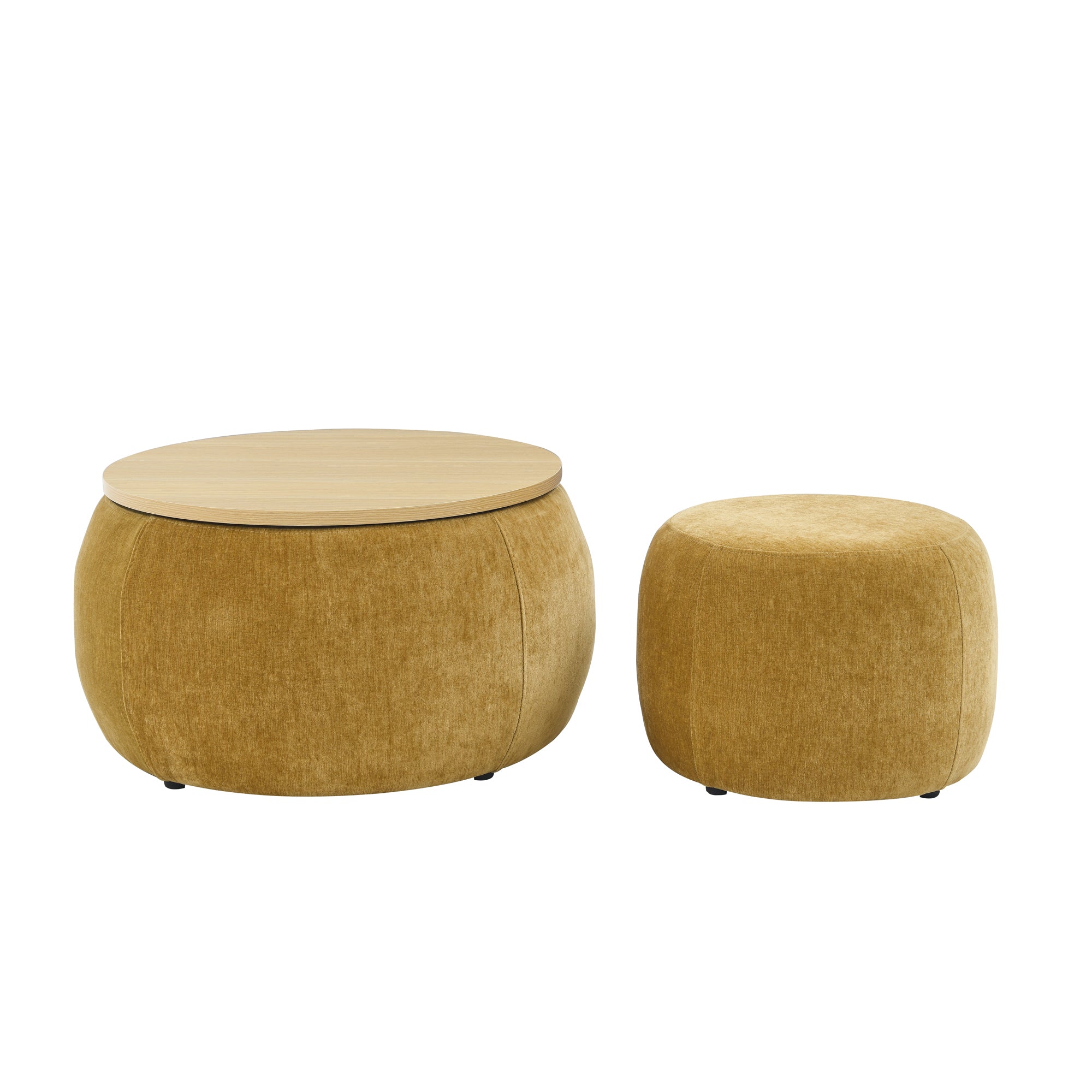 HAOYYE Round Storage Ottoman, 2-in-1 Functional Design as End Table and Ottoman, Includes Small Seat, Dark Yellow, Modern Space-Saving Accent Furniture for Living Room, Bedroom, or Office, Sturdy and Heavy-Duty, Easy Assembly