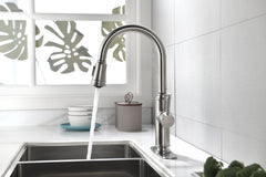 HAOYYE Single Handle High Arc Pull Out Kitchen Faucet,Single Level Stainless Steel Kitchen Sink Faucets with Pull Down Sprayer Sturdy Space-Saving Heavy Duty Modern Design Adults Dorm Room Easy Assembly