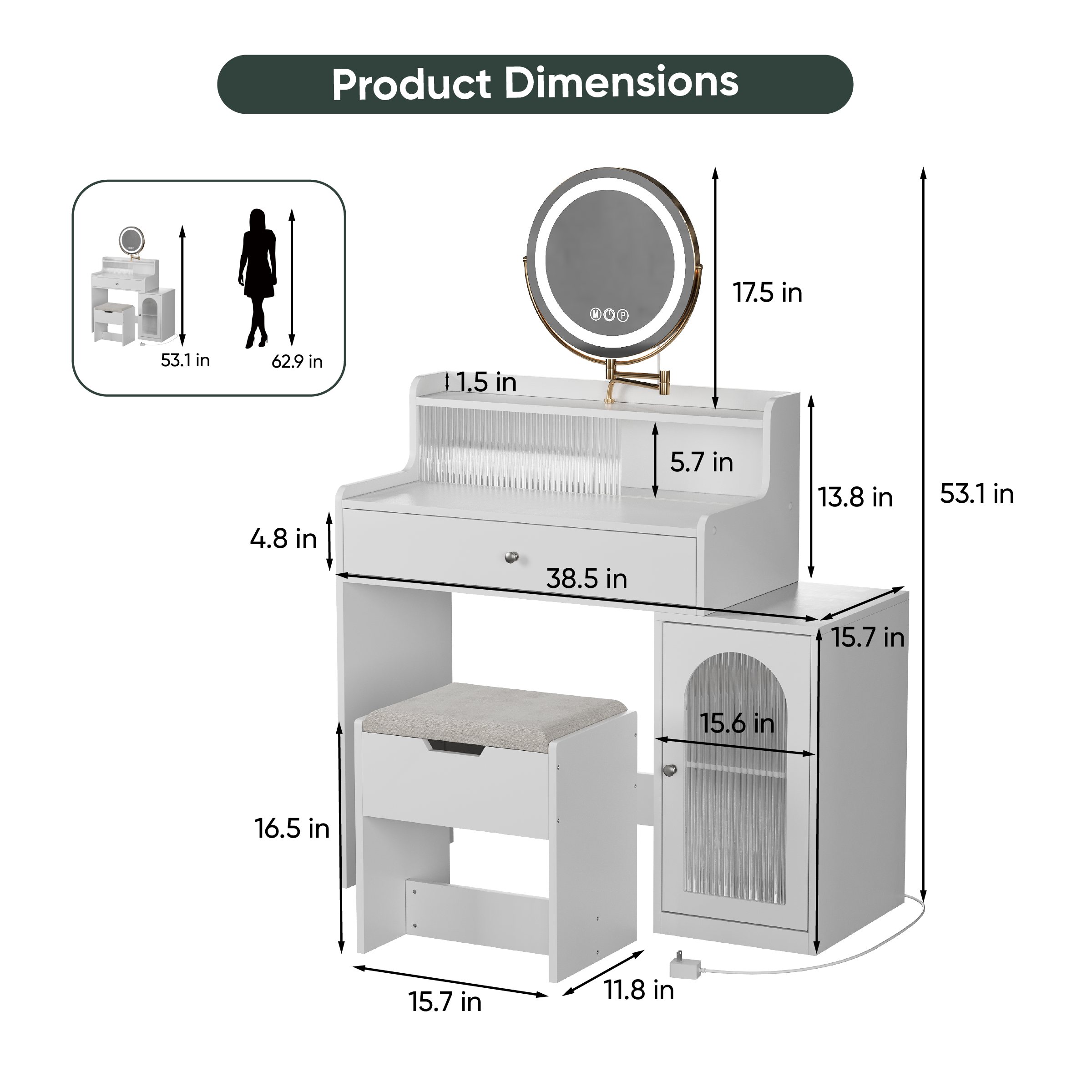 HAOYYE White Vanity Desk with 360° Rotated Mirror and Adjustable Lights, Girls Makeup Vanity Table with Storage Drawer, Side Cabinet with Waveform Glass Doors, Stylish Dressing Table with Chair for Bedroom, Elegant Storage Solution for Beauty Essentials.