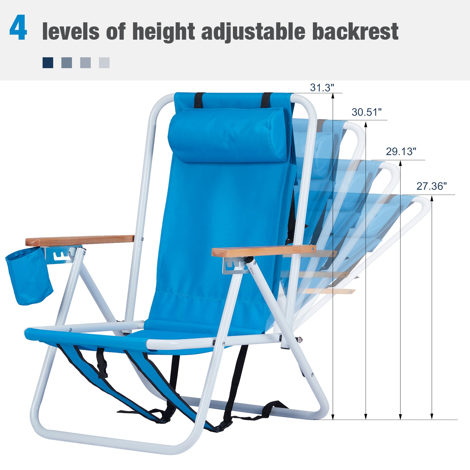 HAOYYE Folding Beach Chair Set of 2 for Adults, Portable Lightweight Backpack Camping Chairs with 4 Adjustable Recline Positions, Comfortable Headrest, Cup Holder, Wooden Armrests, Easy to Carry for Outdoor Beach, Picnic, Pool, or Camping